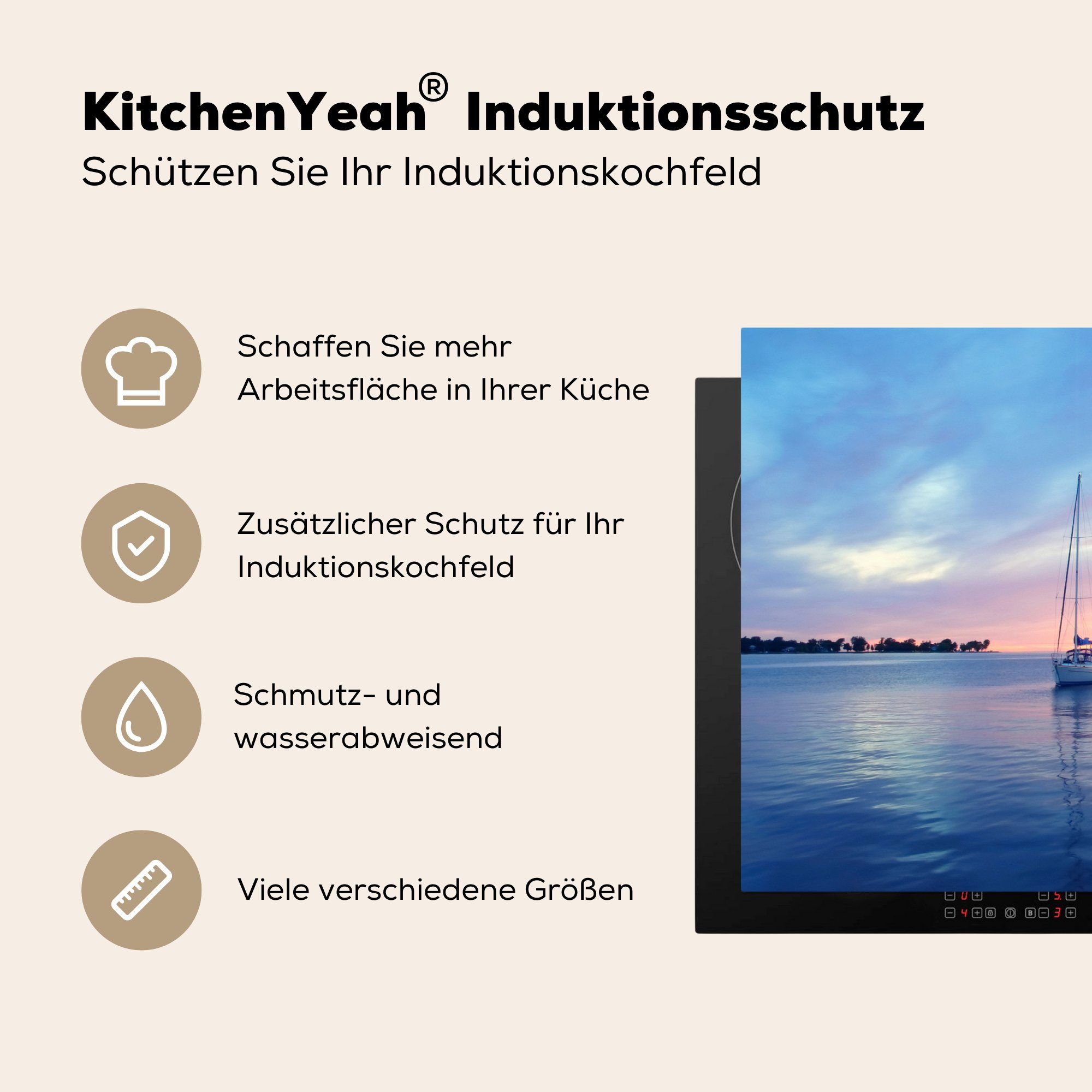 Vinyl, küche, die bei Sonnenuntergang, tlg), 81x52 Schutz Segelboot Herdblende-/Abdeckplatte MuchoWow Induktionskochfeld (1 für Ceranfeldabdeckung cm,