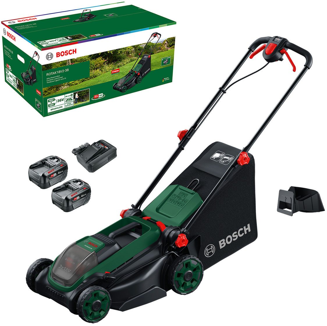 Bosch Home & Garden Akkurasenmäher Rotak 18V2-38, 38 cm Schnittbreite, (inkl. 2 Akkus und Ladegerät), Kraftvoller 3-in-1-Mäher für mittelgroße bis größere Rasenflächen