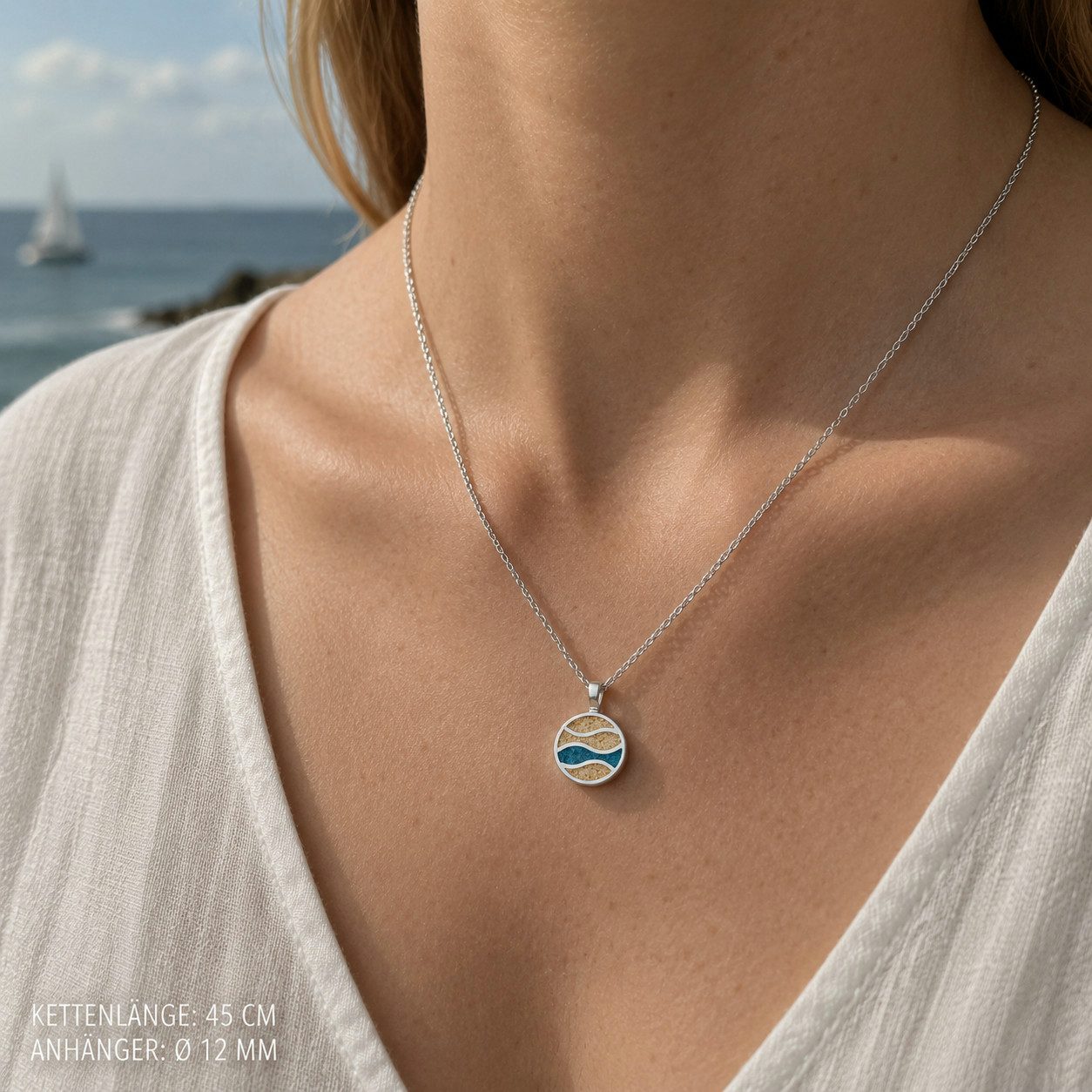 DUR Kette mit Anhänger Halskette K2951 – Silberkette mit Anhänger „Strandwellen“, aus Strandsand & Steinsand, 925er Silber, 45 cm