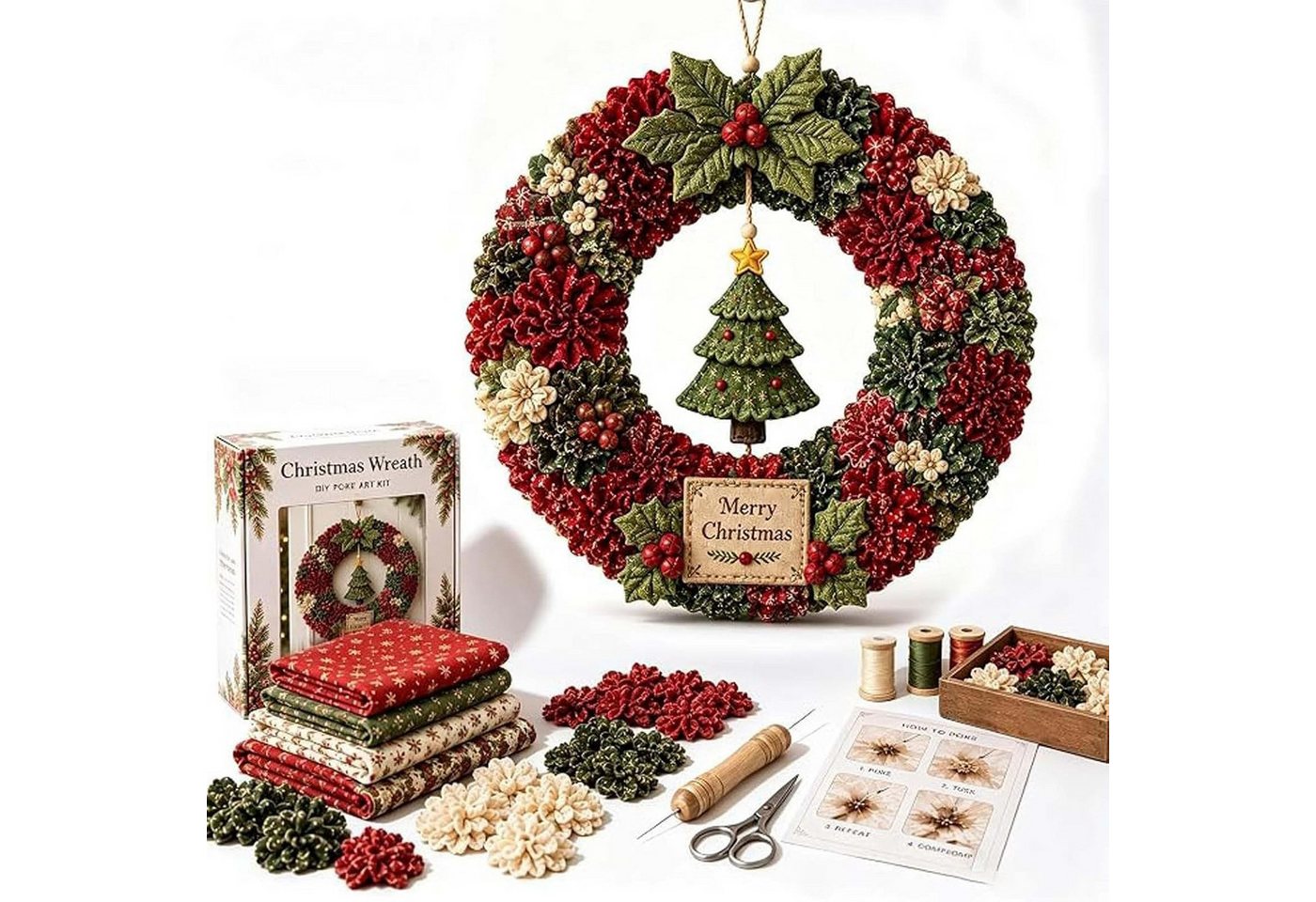 CLTYQ Kreativset 3D-Stoffkranz-DIY-Kreativset, Weihnachtskranz-Patchwork zum Aufhängen, Kreativset für die ganze Familie und Bastelfans