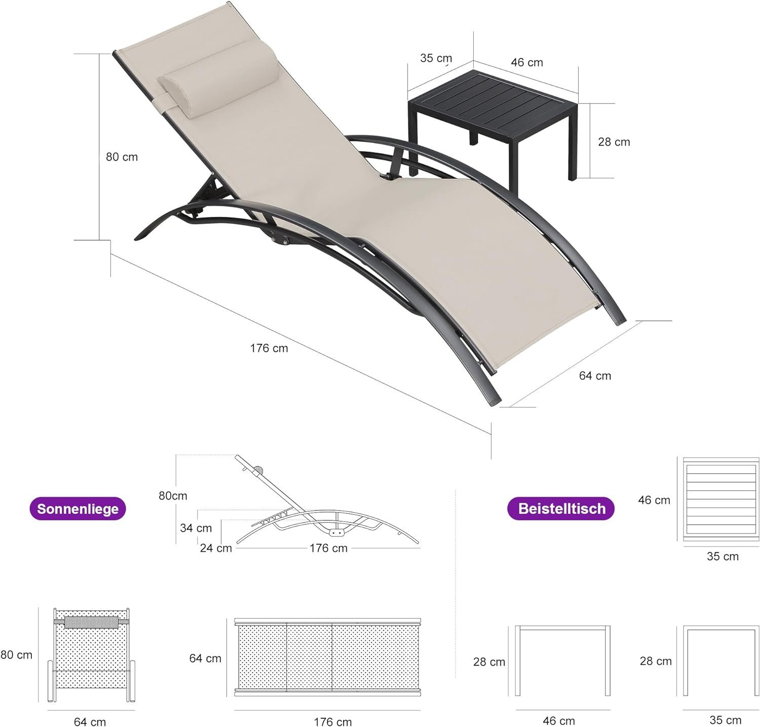 PURPLE LEAF Gartenliege 2er Set Sonnenliegen mit Beistelltisch und Auflagen, Aluminium, Wetterfest,4-Fach Verstellbar,Stapelbar