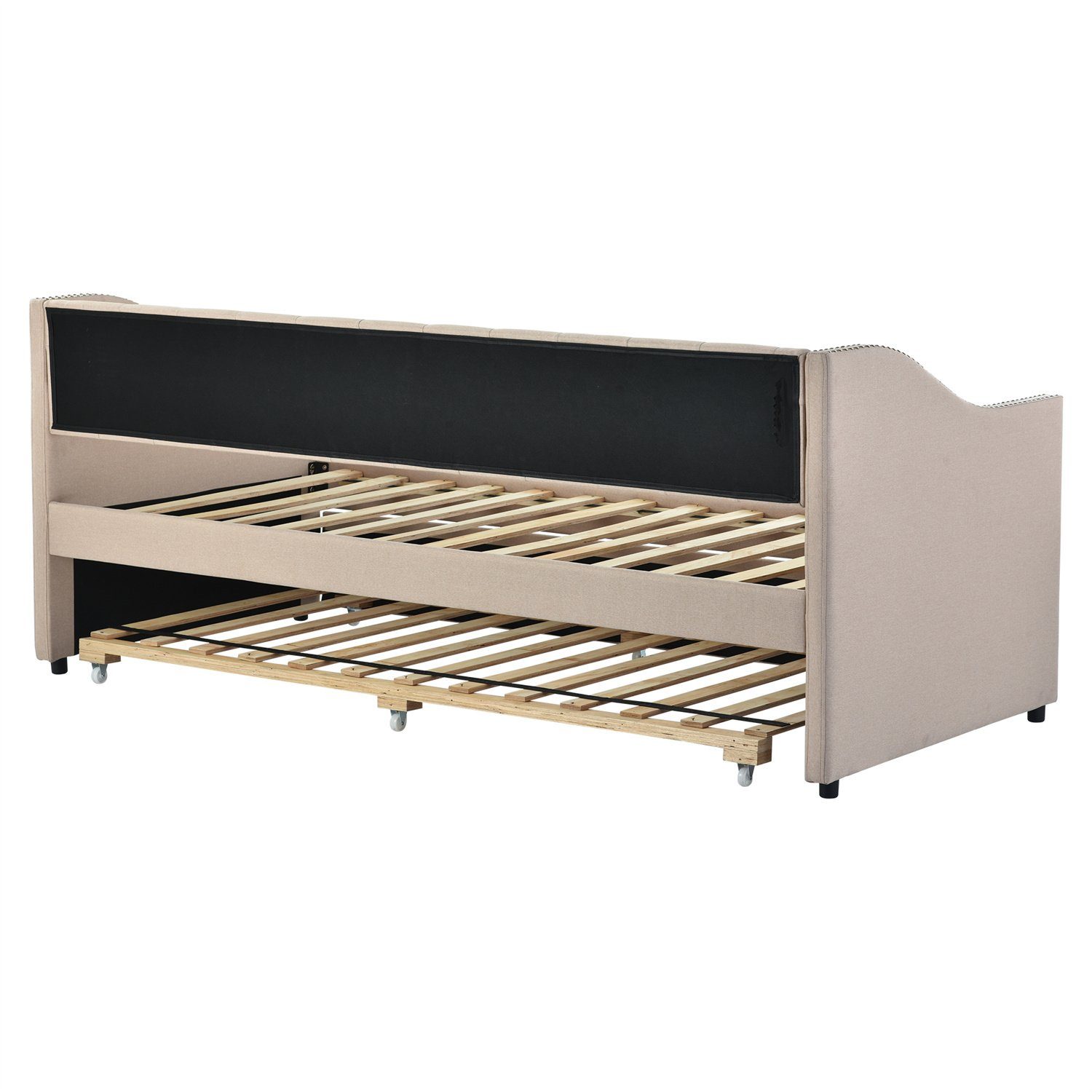 Daybett (Polsterbett mit Ausziehbarem Unterbett und Lattenrost), Schlafsofa Kinderbett Gästebett 90x200cm, Leinen