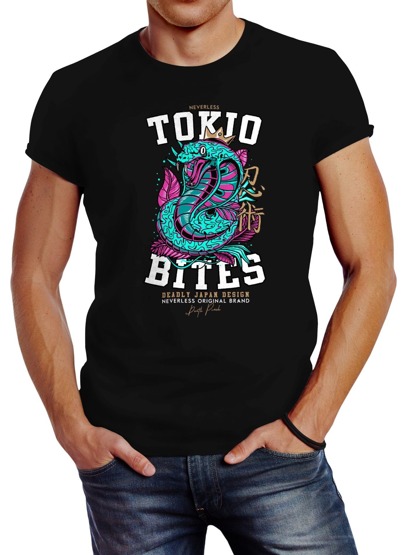 mit Schriftzug Schriftzeichen Herren Print-Shirt T-Shirt Fashion Print Japan bites Neverless Neverless® Tokio Kobra Motiv japanische Streetstyle