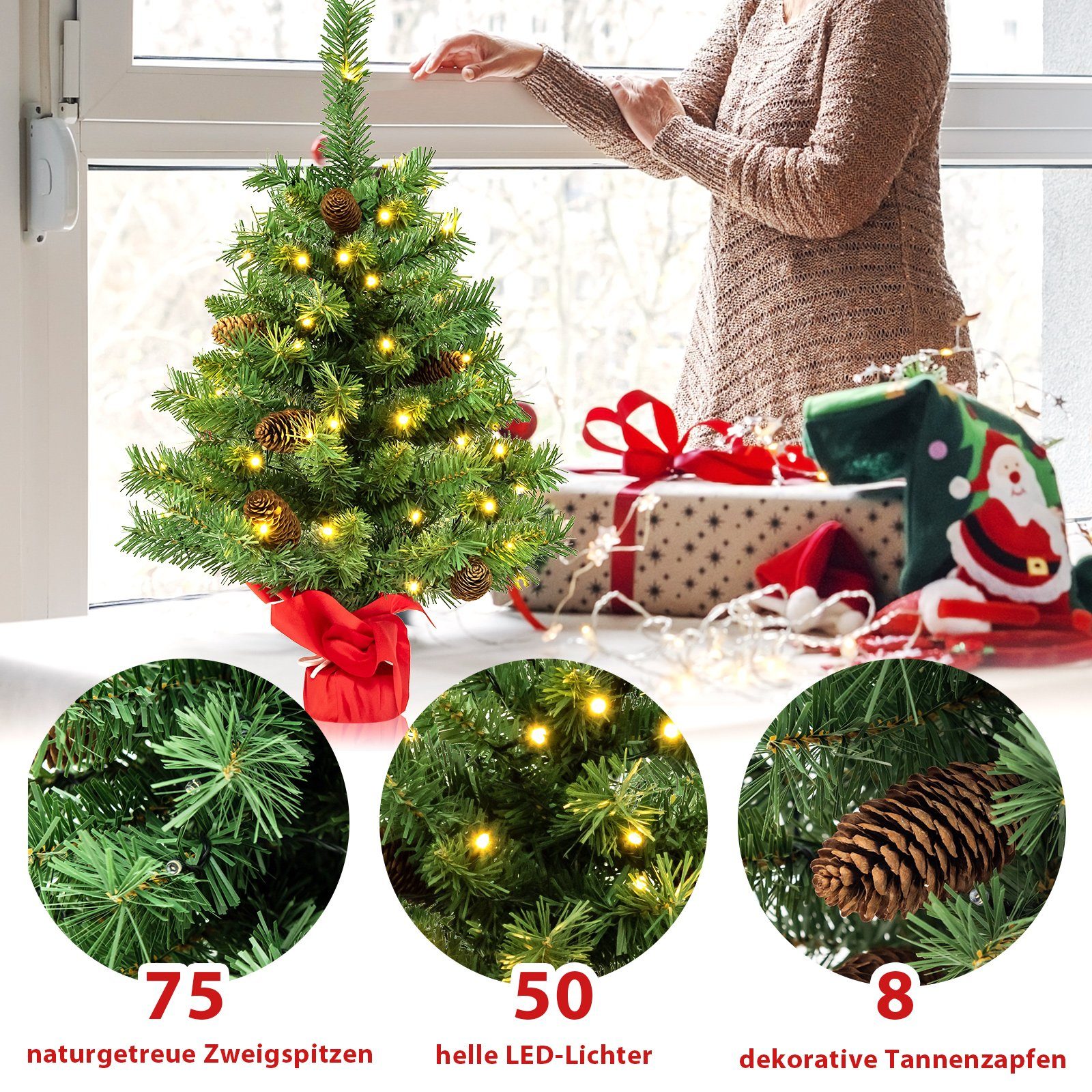 COSTWAY Künstlicher Weihnachtsbaum, mit 8 Lichtmodi & 8 Tannenzapfen, 64cm
