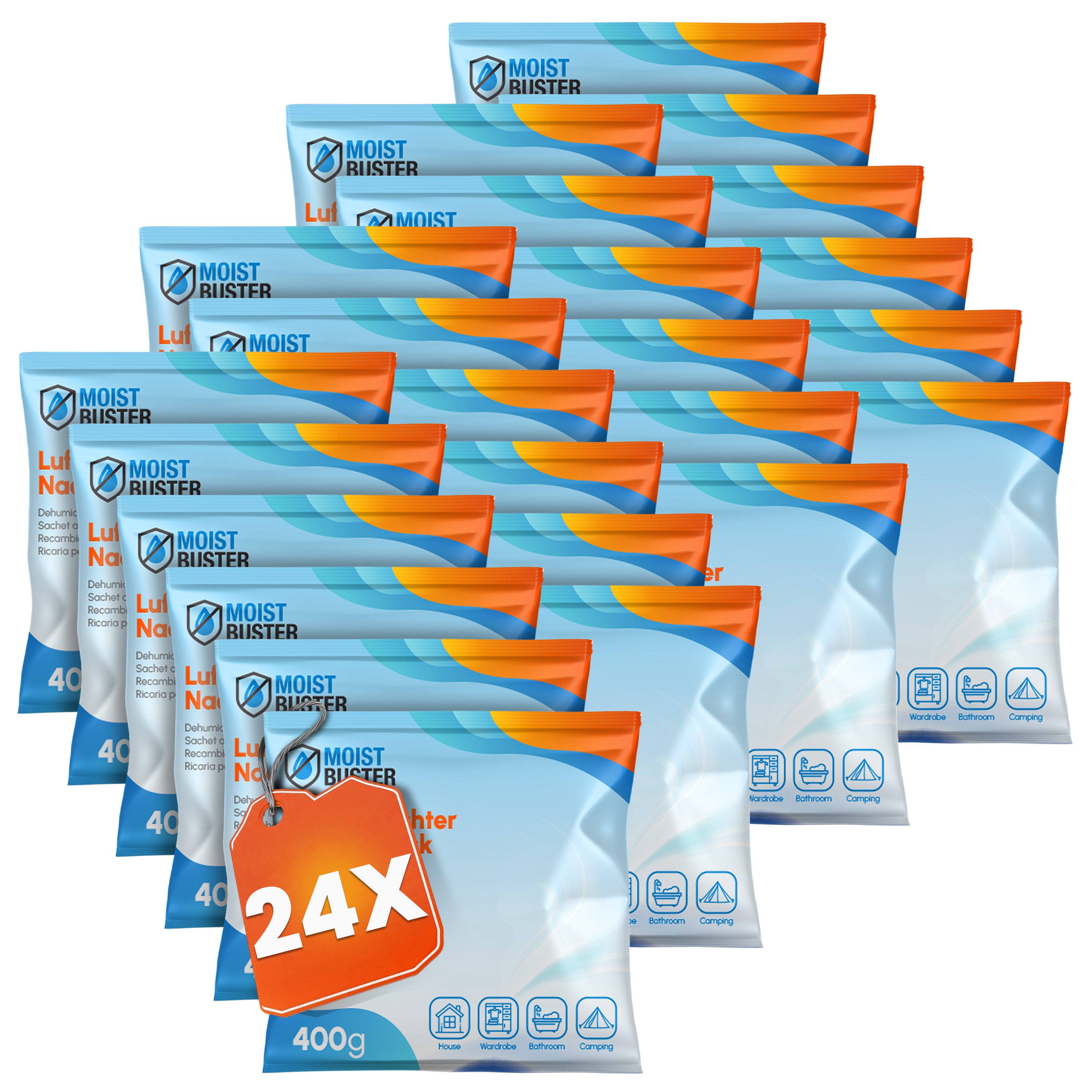 MoistBuster Luftentfeuchter-Nachfüllpack gegen Schimmel und Gerüche I Luftentfeuchter Granulat, für MoistBuster, Spar-Set, 12 x 400g Nachfüllpacks