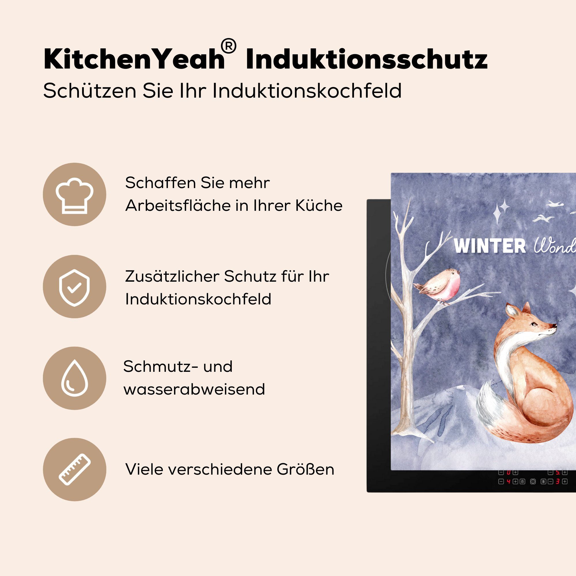 Winter küche - 78x78 Schnee MuchoWow Fuchs, Arbeitsplatte Herdblende-/Abdeckplatte (1 Ceranfeldabdeckung, tlg), für - Vinyl, cm,