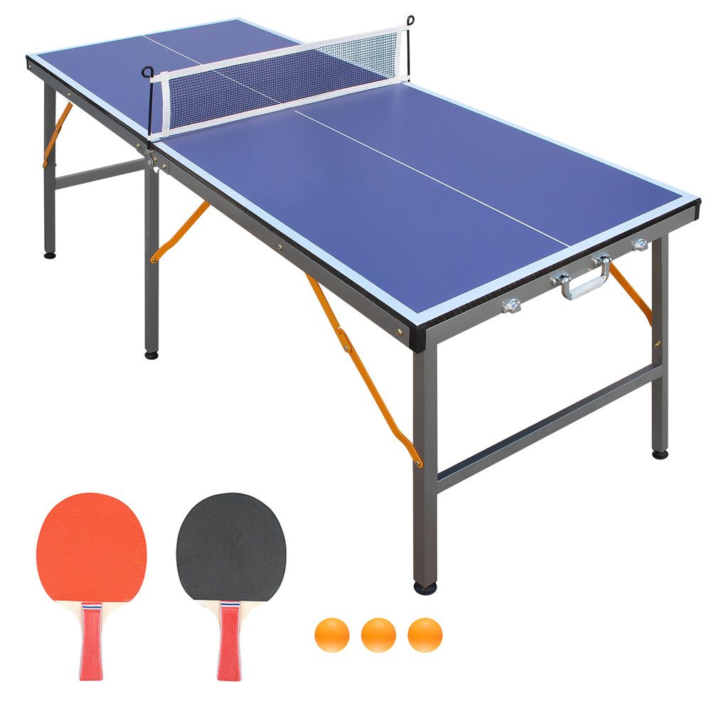 Tischtennisplatte mit Netz Schlägern Bällen stabil 6-Bein Design platzsparend blau