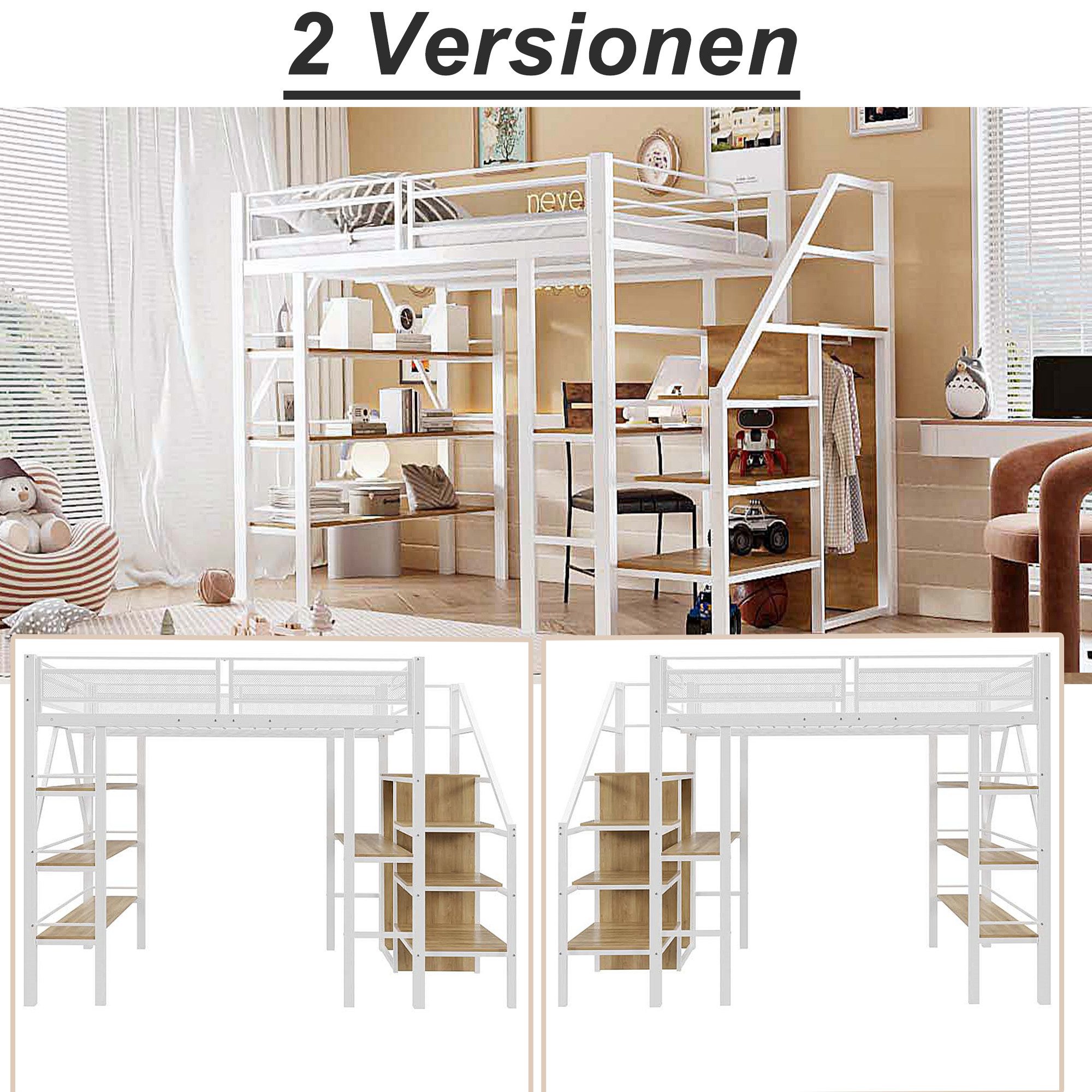 Flieks Hochbett Metallbett 140x200cm mit Schreibtisch Stauraumtreppe Kleide günstig online kaufen