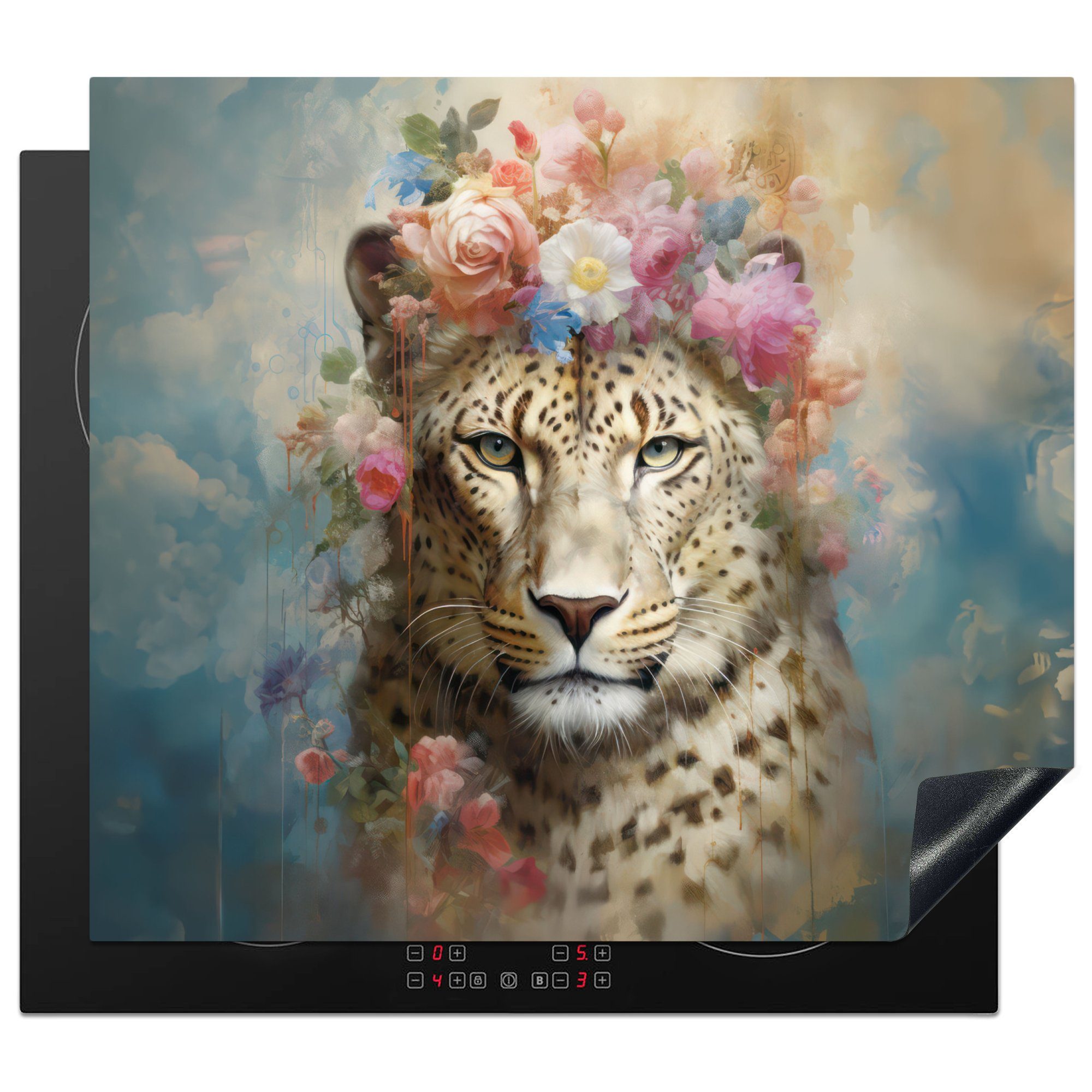 MuchoWow Herdblende-/Abdeckplatte Leopard - Blumen - Wildtiere - Botanisch, Vinyl, (1 tlg), 60x52 cm, Mobile Arbeitsfläche nutzbar, Ceranfeldabdeckung