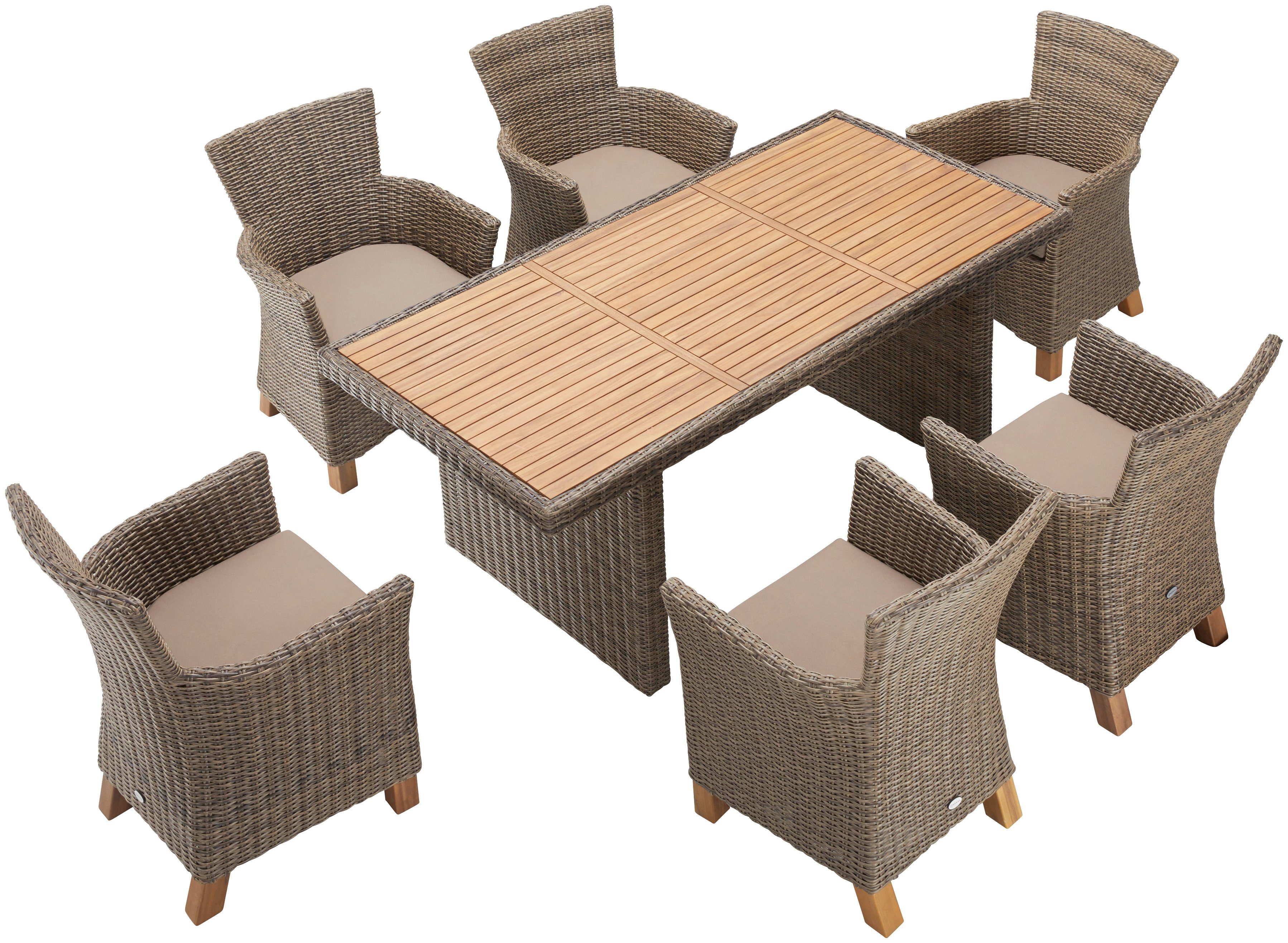 MERXX Garten-Essgruppe Toskana, (13-tlg., 6 Sessel, 1 Wangentisch 185x90 cm, inkl. Sitzkissen), Aluminium, Polyrattan, Akazienholz FSC 100 %, geeignet für 6 Personen