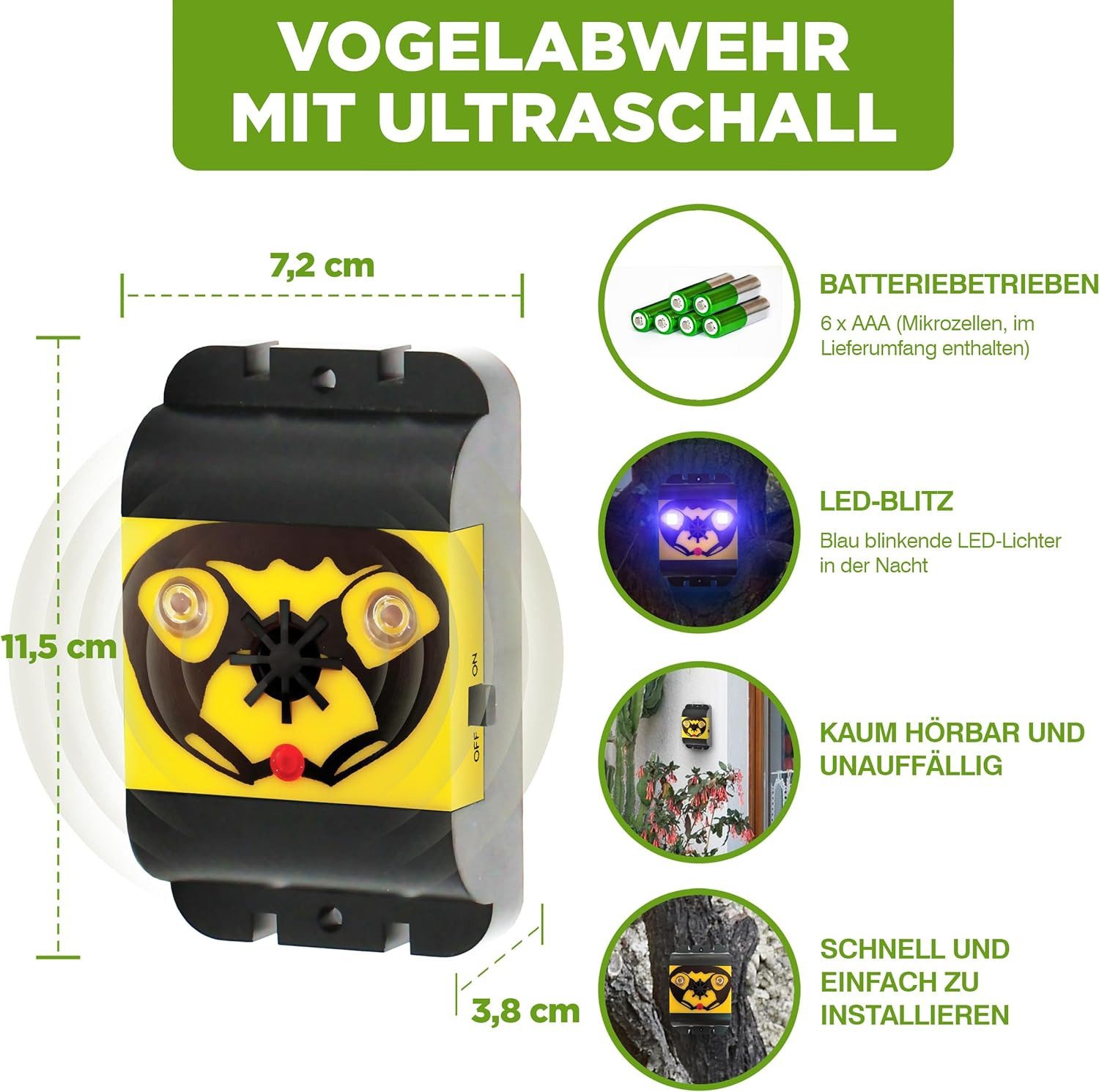 ISOTRONIC Ultraschall-Tierabwehr Vogelabwehr batteriebetrieben, 1-tlg.