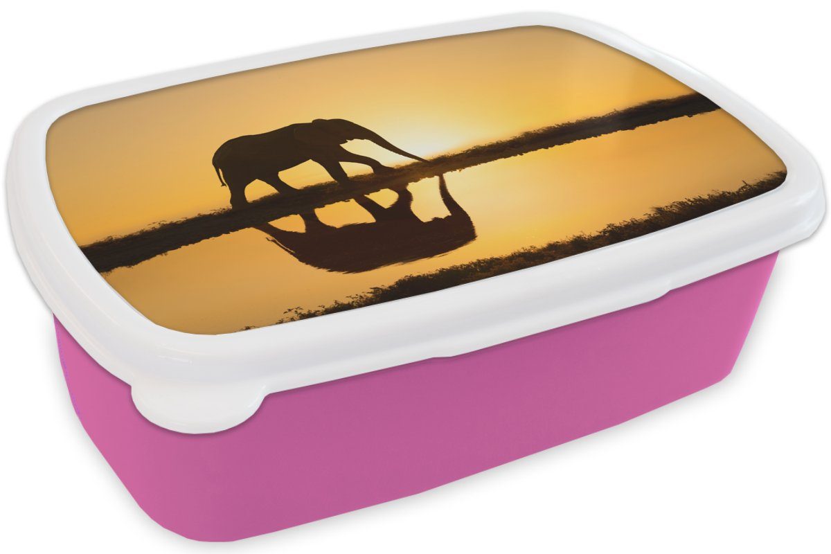 eines Mädchen, für (2-tlg), bei Kinder, Lunchbox Erwachsene, Brotdose Kunststoff Kunststoff, Sonnenuntergang, rosa Silhouette Snackbox, Brotbox MuchoWow Elefanten
