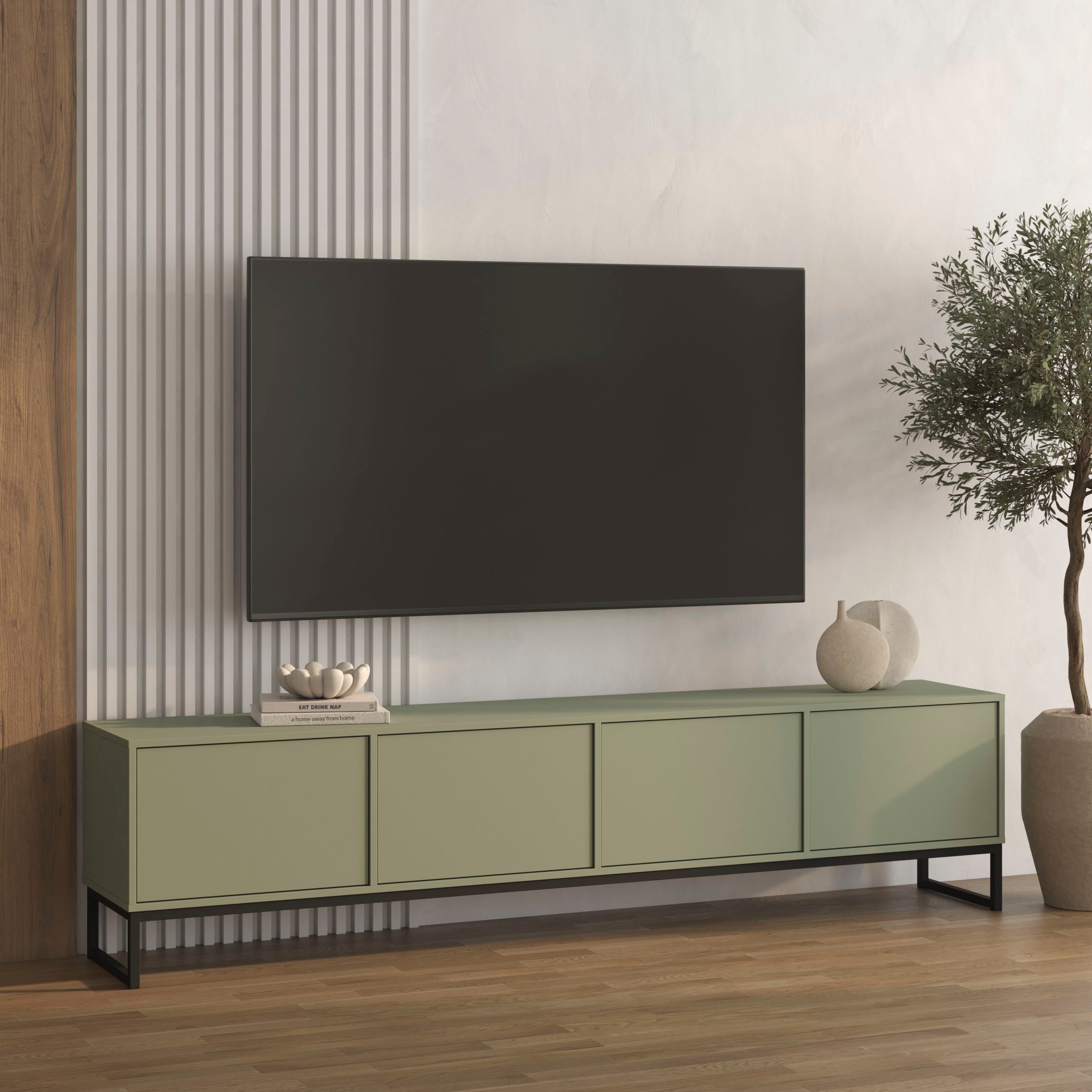 OTTO home Lowboard Loft, Breite 208,5 cm, TV-Board mit 4 Klappen, Metallkufen, TV-Kommode mit viel Stauraum, push-to-open-Funktion