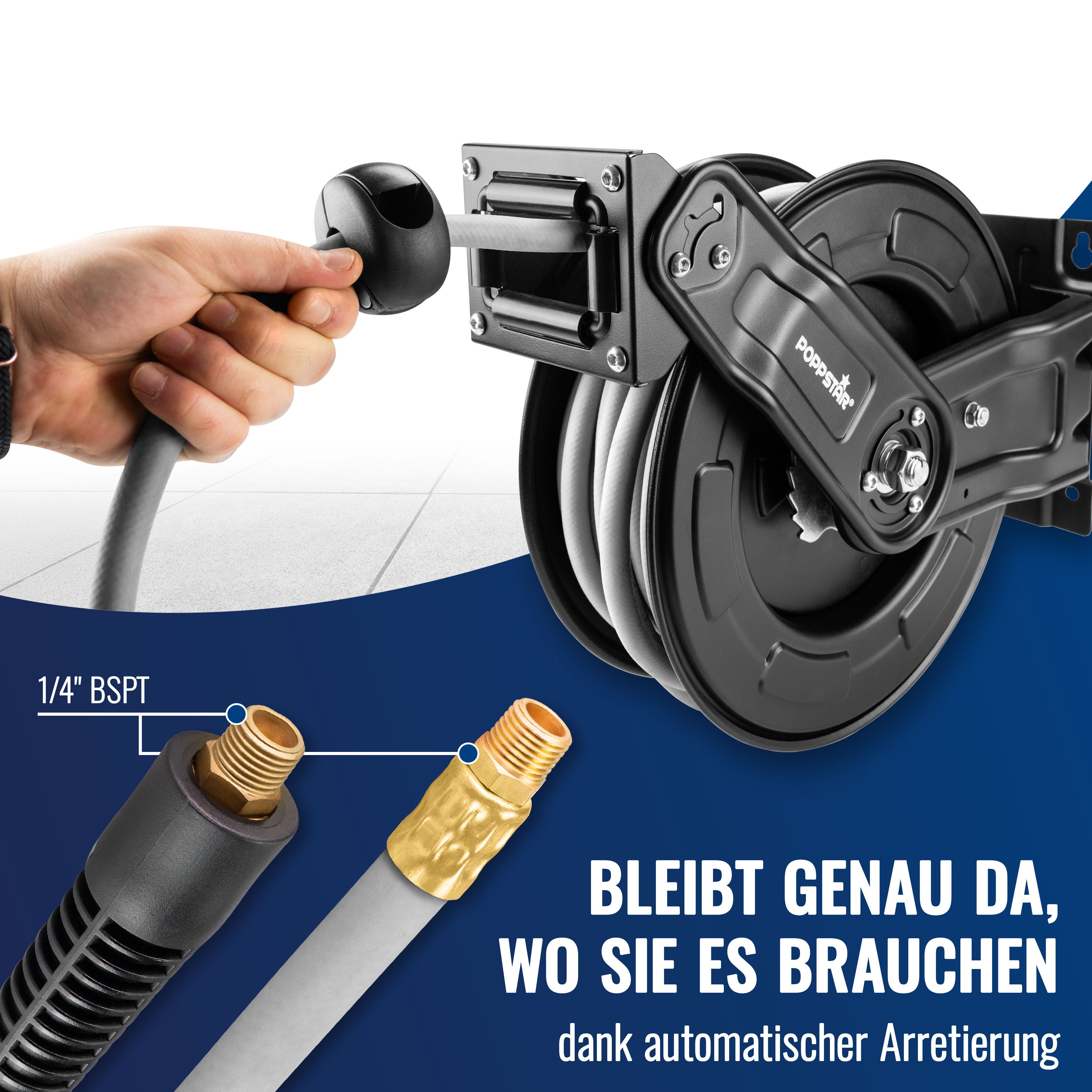 Poppstar Schlauchtrommel, (Premium Druckluft Schlauchaufroller aus Stahl), Automatik Druckluft Schlauchtrommel aus Stahl, 15m Druckluftschlauch