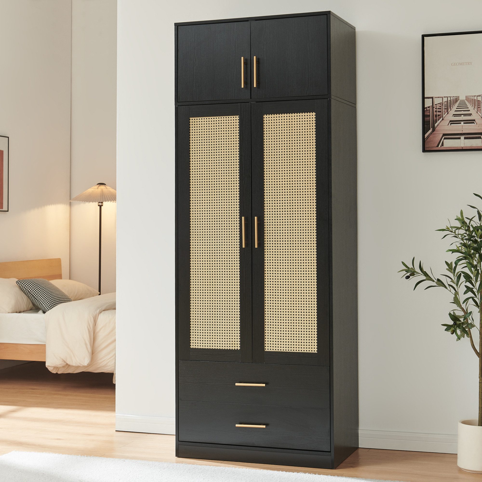 en.casa Kleiderschrank »Larundi« 216 x 80 x 52 cm 4 Türen 2 Schubladen Schwarz/Rattanoptik