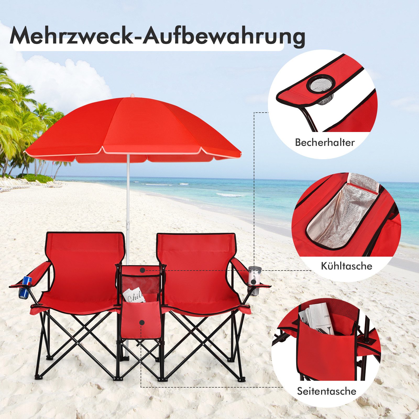 COSTWAY Campingstuhl, mit Sonnenschirm, Getränkehalter & Kühltasche, faltbar