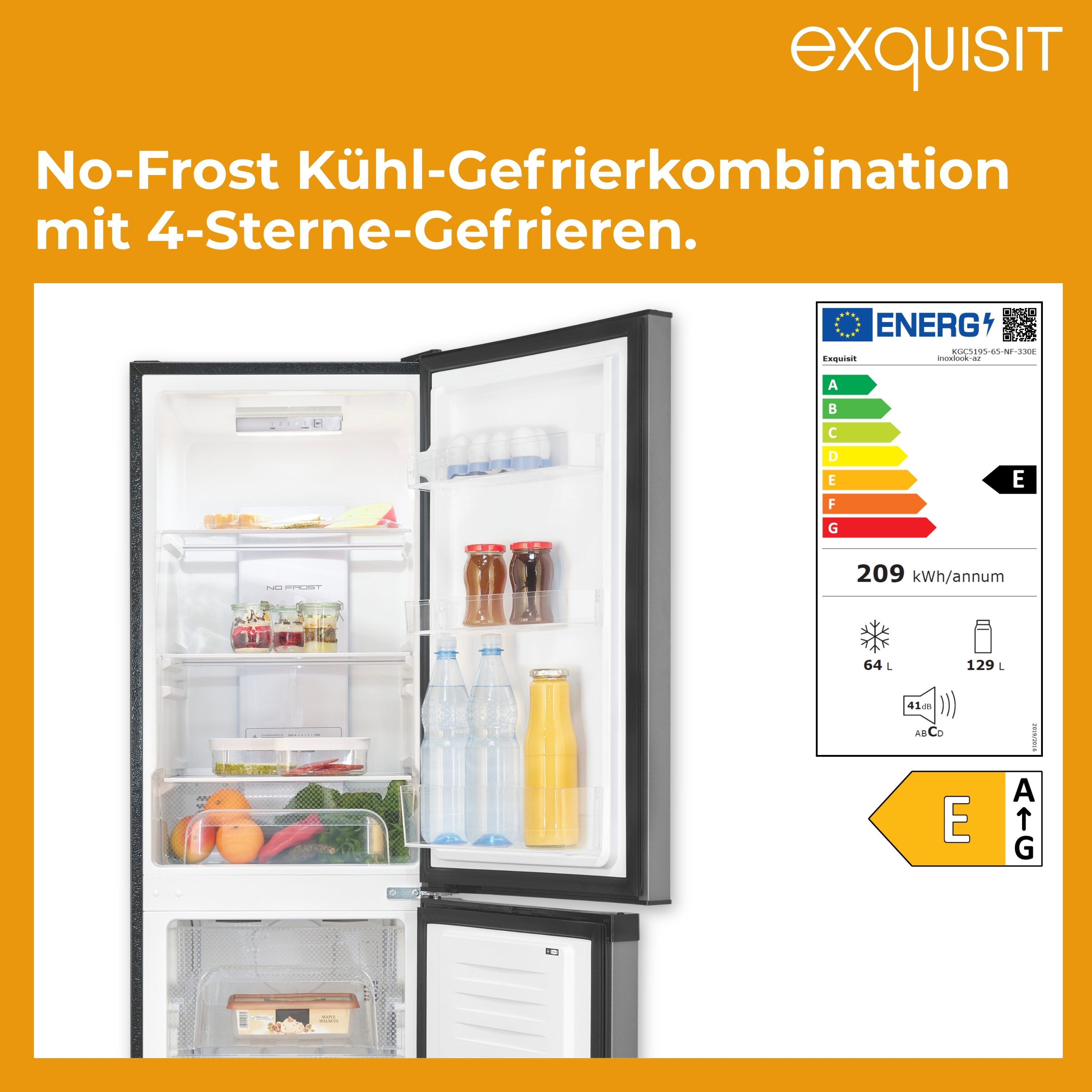 exquisit Kühl-/Gefrierkombination KGC5195-65-NF-330E, 157.5 cm hoch, 48.5 cm breit, No-Frost-Technik, LED-Beleuchtung, wechselbarer Türanschlag