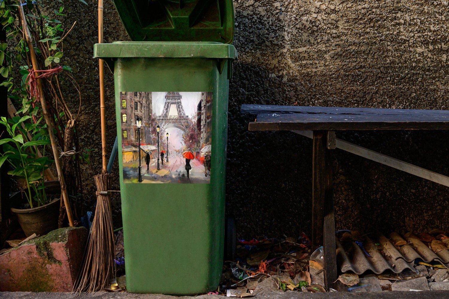 Abfalbehälter Mülltonne, (1 Ölgemälde - - Eiffelturm Container, Gemälde - - MuchoWow St), Paris Regenschirm Wandsticker Mülleimer-aufkleber, Sticker,