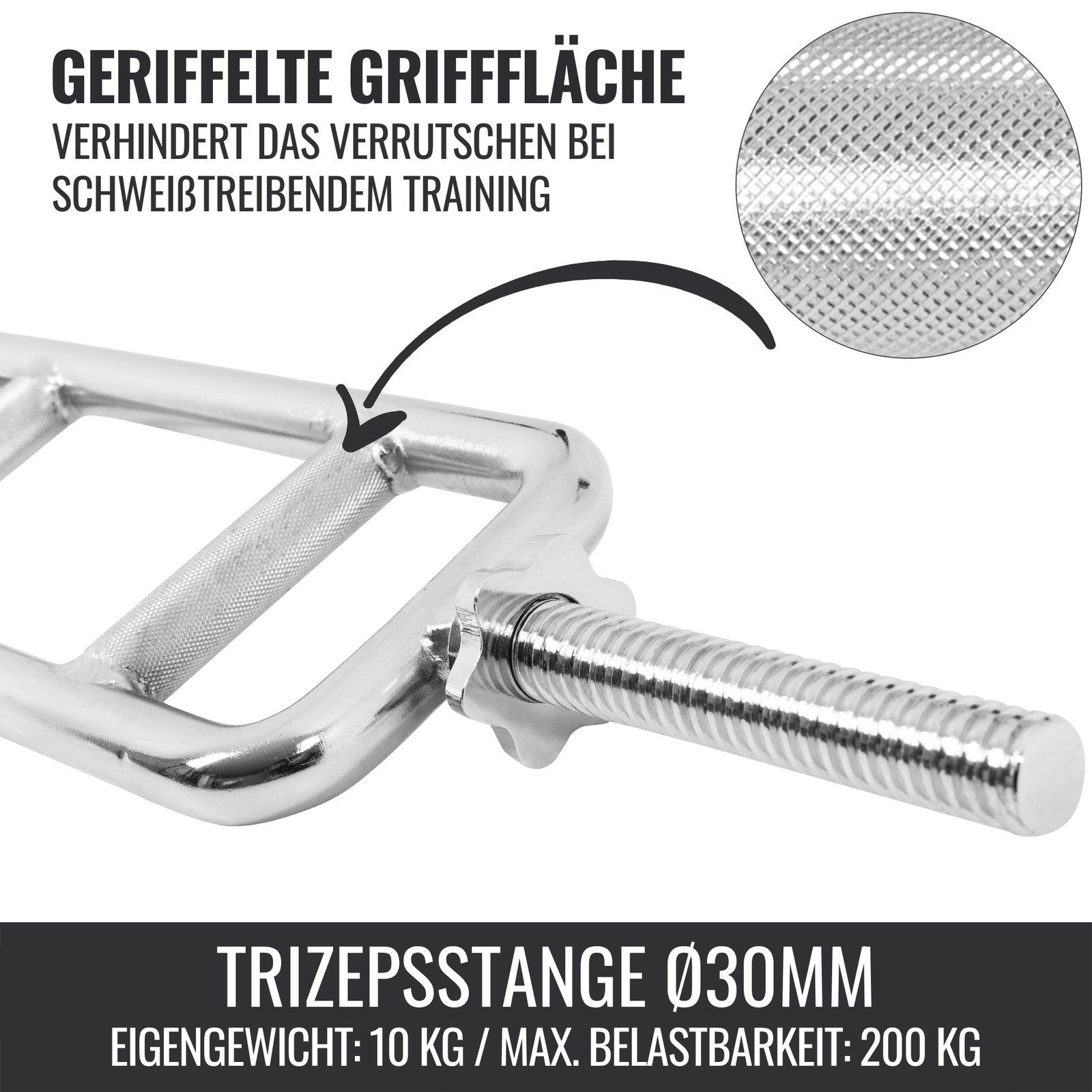 Sternverschluss Trizepsstange 30mm, kg, Gerändelt Hantelstange GORILLA Trizeps 200 - bis Ø Verchromt, SPORTS