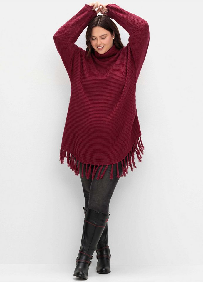Sheego Strickpullover Strickpullover Langarm Querstrick in weiter Ponchoform mit Fransensaum