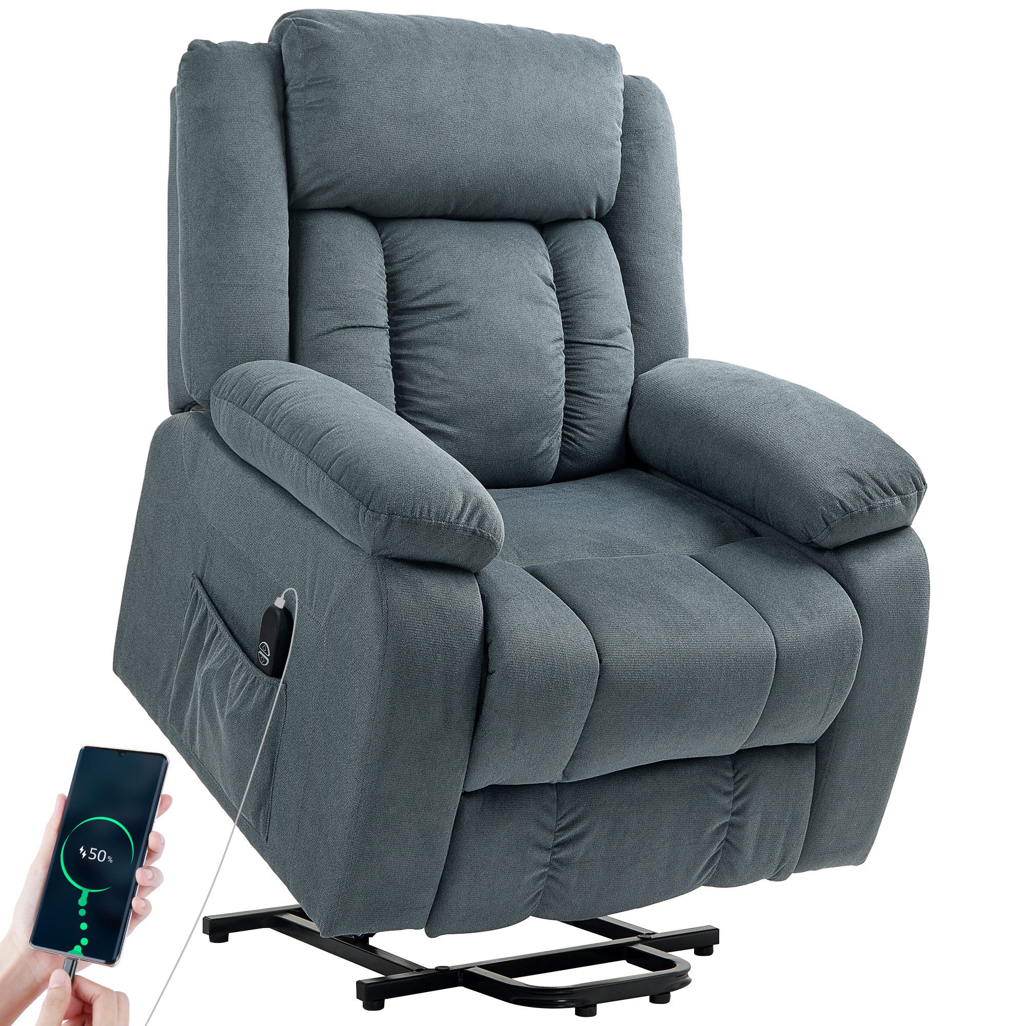 HOMCOM Relaxsessel Fernsehsessel mit Aufstehhilfe, Elektrisch Relaxsessel (Relaxsessel, 1-St., TV-Sessel), für Wohnzimmer, Samt, Grau – Bild 2 von 5