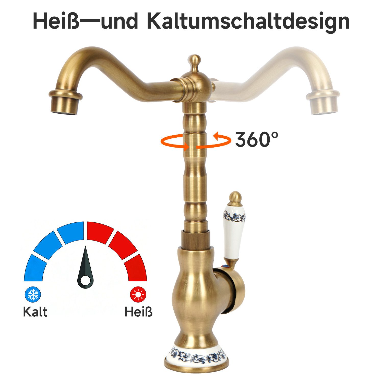OSTWOLKE Waschtischarmatur Wasserhahn Bad Küche Waschbeckenarmatur Badarmaturen Küchenarmatur Retro mit 360° schwenkbarer Auslauf Mischbatterie Einlochmontage