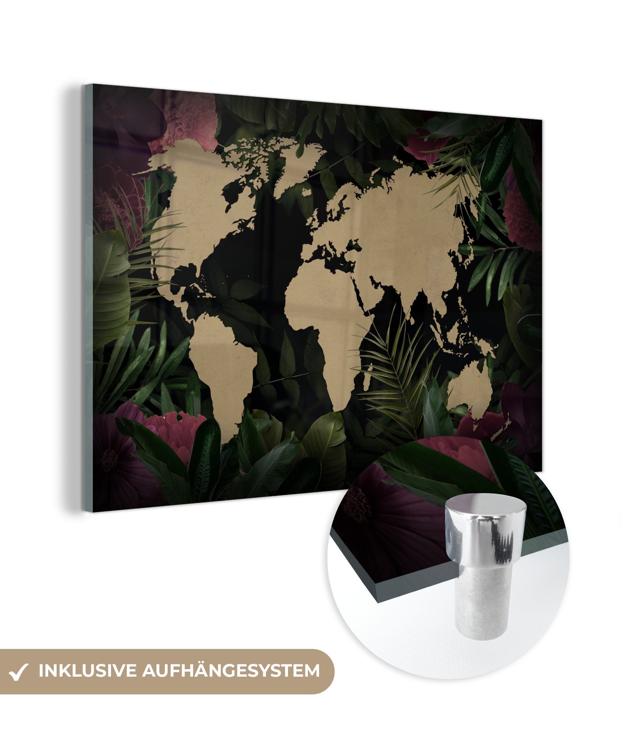 MuchoWow Acrylglasbild Weltkarte - Blätter - Dschungel, (1 St), Glasbilder - Bilder auf Glas Wandbild - Foto auf Glas - Wanddekoration
