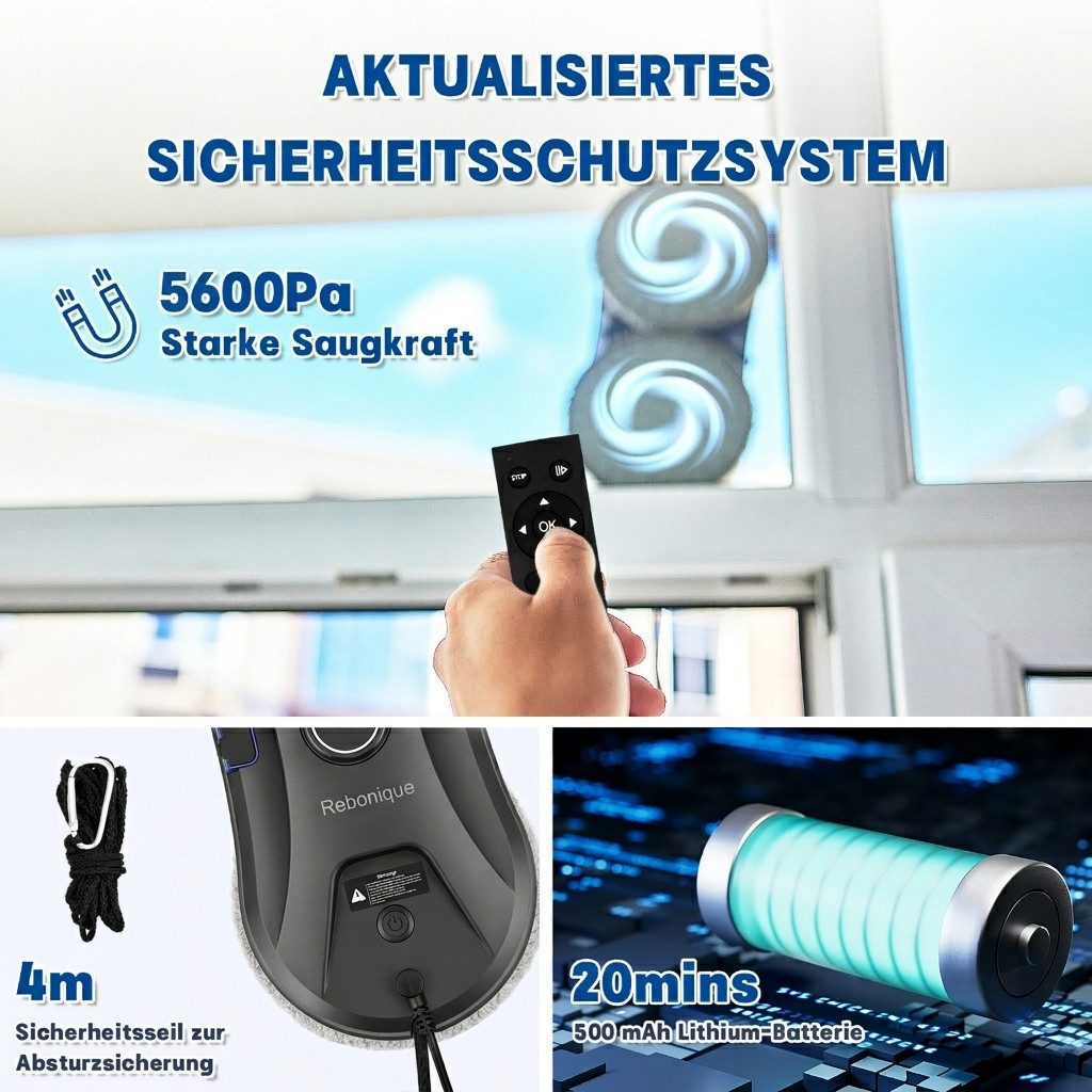 Rebonique Fensterputzroboter Elektrischer Fensterputzer 5600Pa Intelligenter Kanten-Erkennung, 3-Modi Automatische Wasserstrahl Fensterreiniger Roboter – Bild 2 von 5