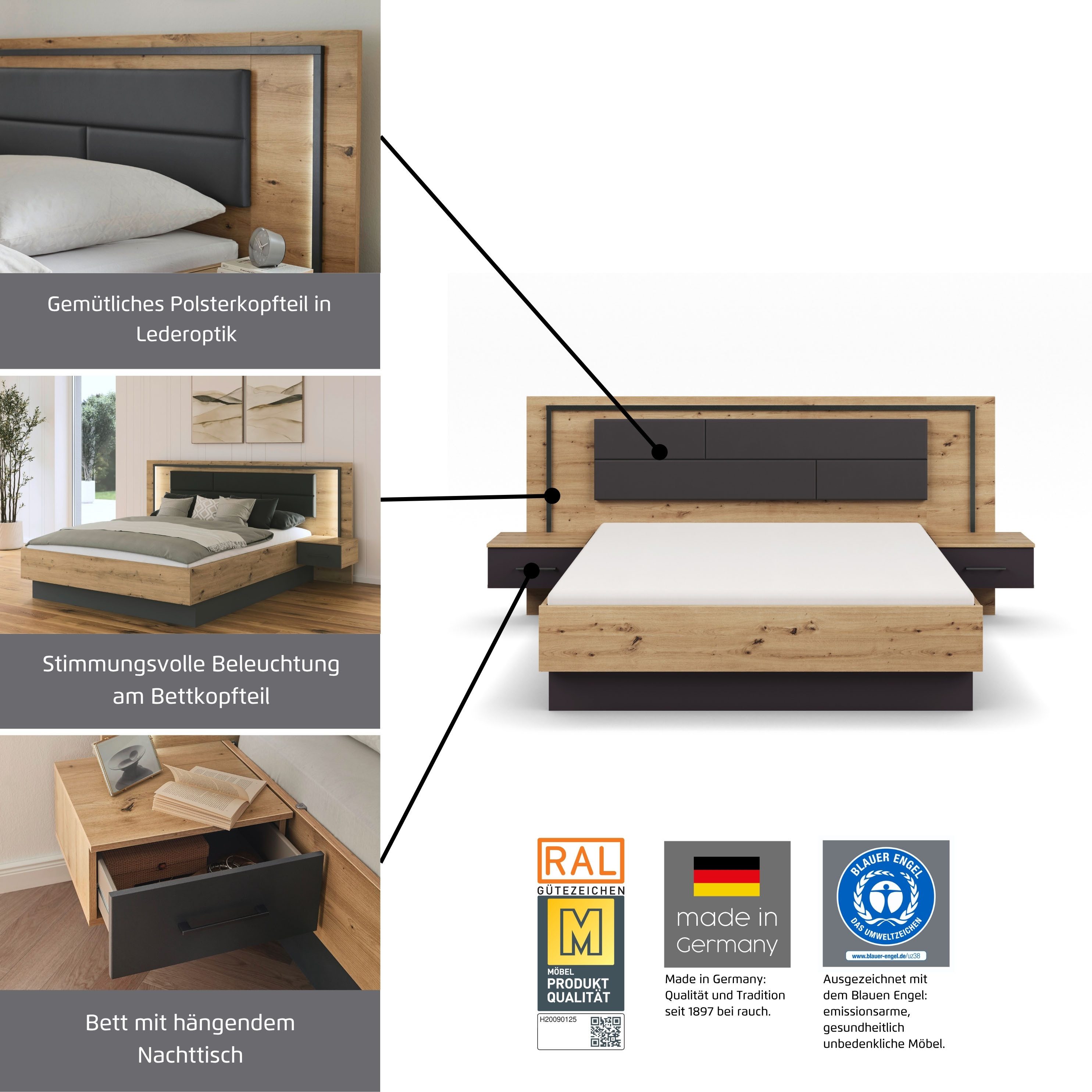 rauch Bettanlage Bett Doppelbett Komortbett BILBAO-EXTRA, (Set, 3-tlg., Liegefläche 160x200 oder 180x200 cm), Polster-Kopfteil in Lederoptik basalt, mit Beleuch – Bild 5 von 5