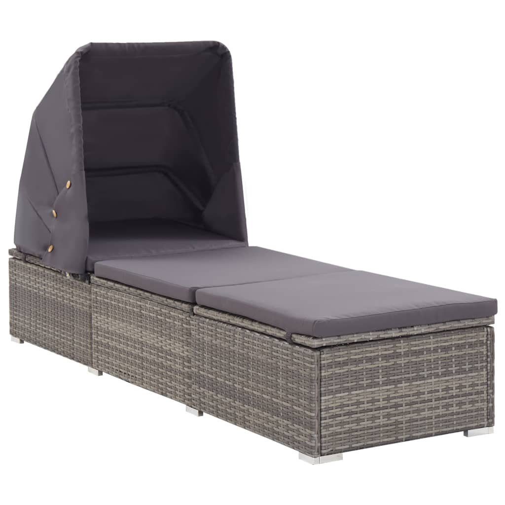 vidaXL Gartenliege Sonnenliege mit Sonnenschutz und Auflagen Poly Rattan Grau, 1 St.