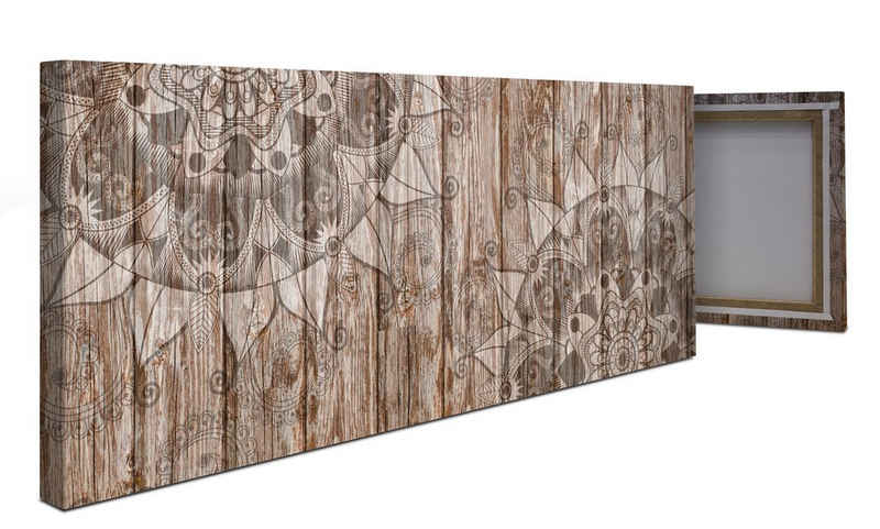 wandmotiv24 Leinwandbild Holzwand mit Mandalas, Steine & Holz (1 St), Wandbild, Wanddeko, Leinwandbilder in versch. Größen