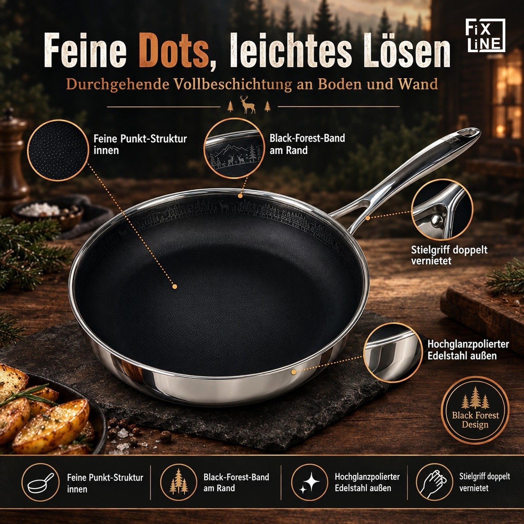 FIXLINE Schmorpfanne 28cm Black Forest Edition Beschichtet und einfache Reinigung, Edelstahl (Einzel, 1 Pfanne), Lieblingspfanne in deiner Küche – Bild 4 von 5