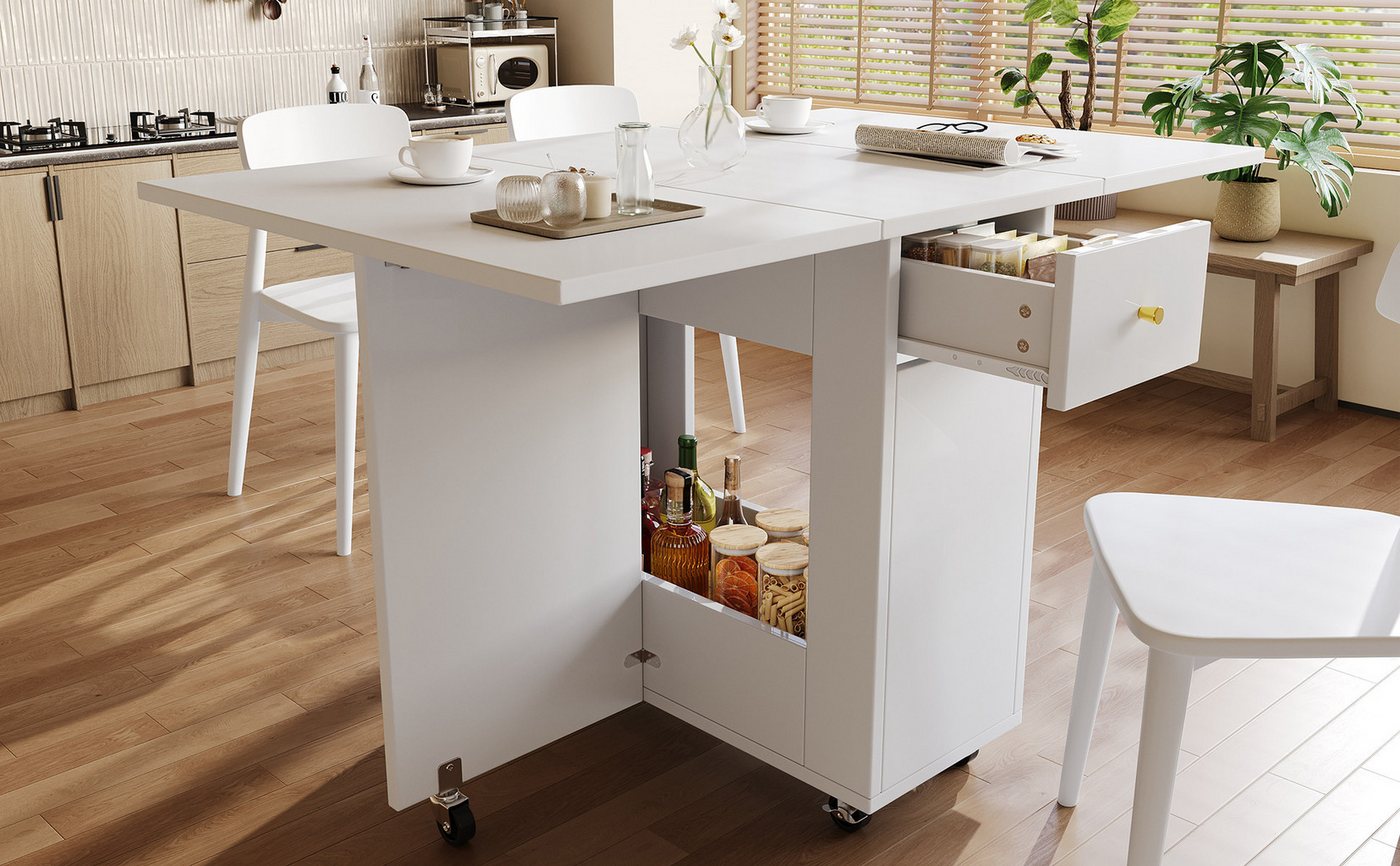 Flieks Esstisch klappbarer Küchentisch mit 2 Schubladen und Rollen (Länge 40/80/120xT75xH75 cm, 1-St., 1 Tisch), beweglich Klapptisch rechteckig Schreibtisch mit offenen Fächer Weiß