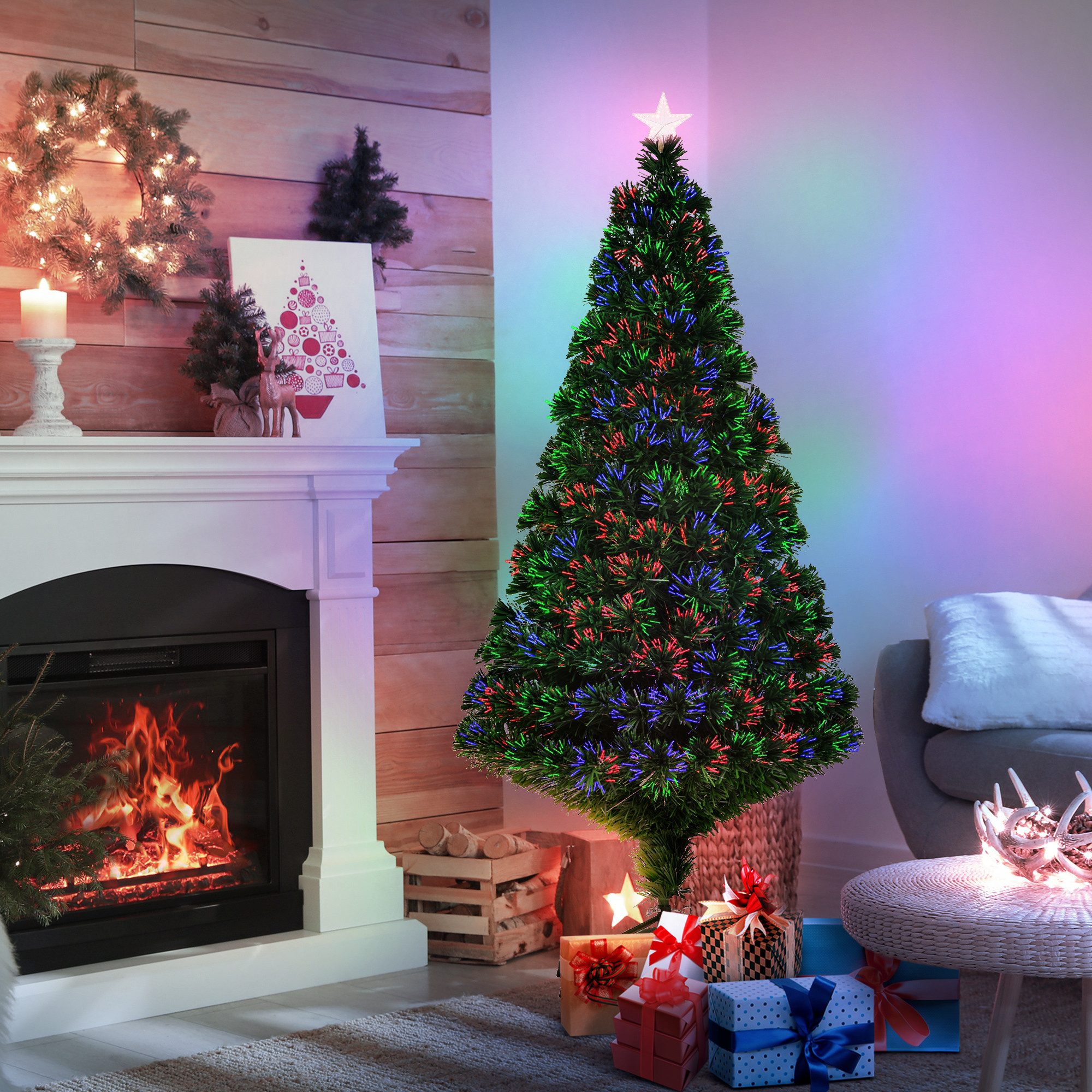 HOMCOM Künstlicher Weihnachtsbaum Glasfaser künstlich, LED Beleuchtung, 180 Spitzen Weihnachtsdeko, Christbaum, Tannenbaum LED Lichtfaser Baum, Grün, 150 cm