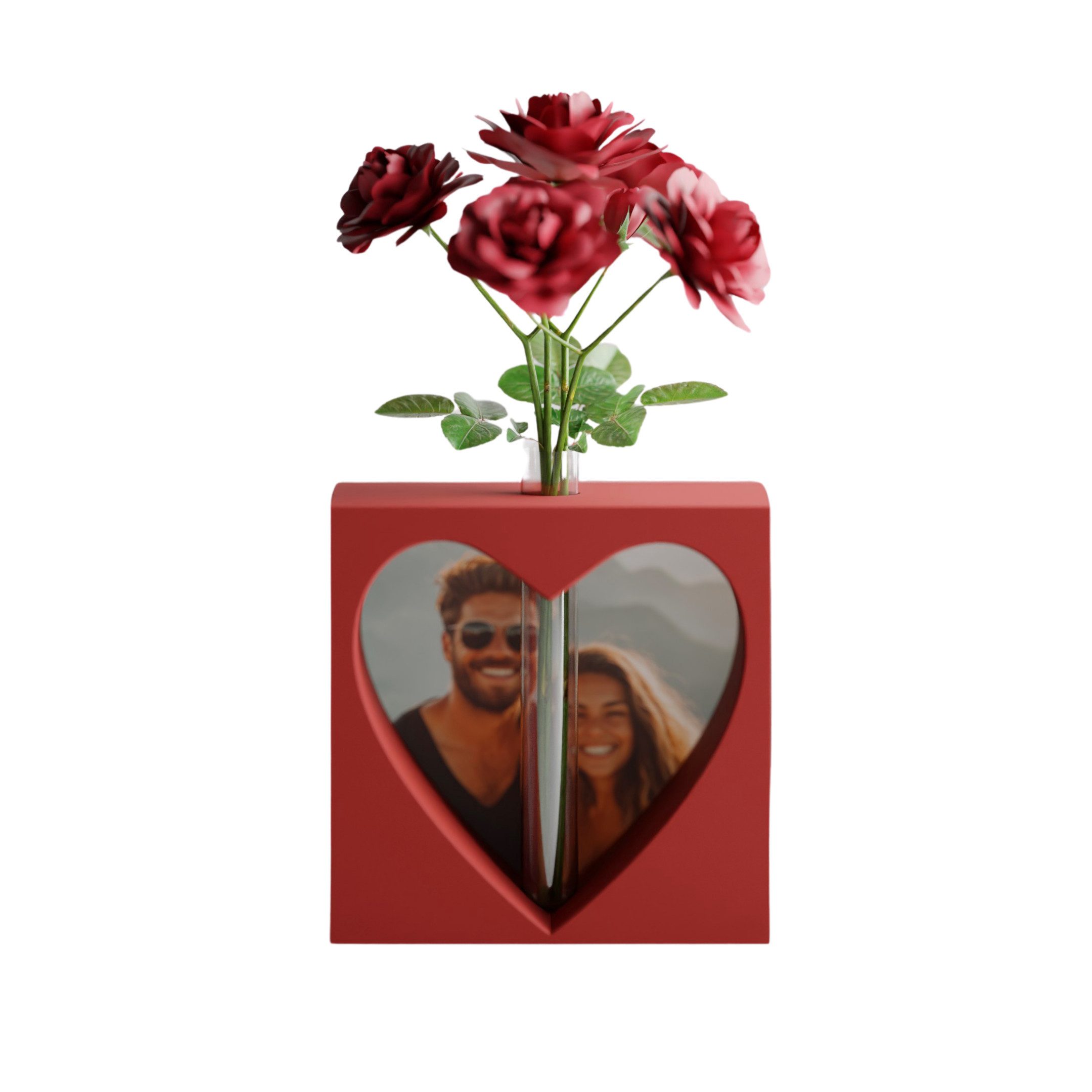Shapes - Decorations Bilderrahmen Herz Vase mit Foto Einsatz – Deko mit Herz Aussparung und Glasröhrchen, für 1 Bilder, 3D-Effekt mit Herzform, Röhrchen für einzelne Blume