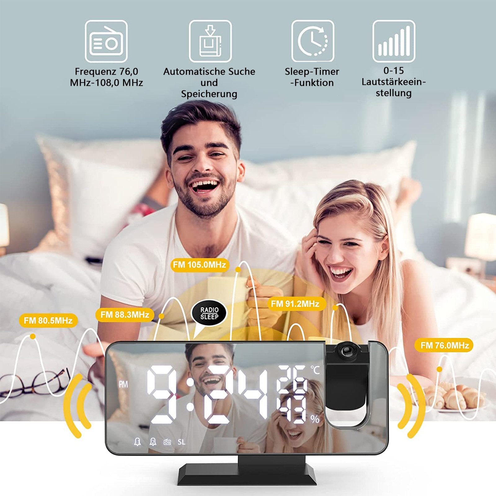 AIMAX Projektionswecker Radiowecker mit 180° Projektor,Projektionswecker für Schlafzimmer Digitaluhr für Schlafzimmer 7.5" LED-Anzeige,USB/Type-C-Anschluss