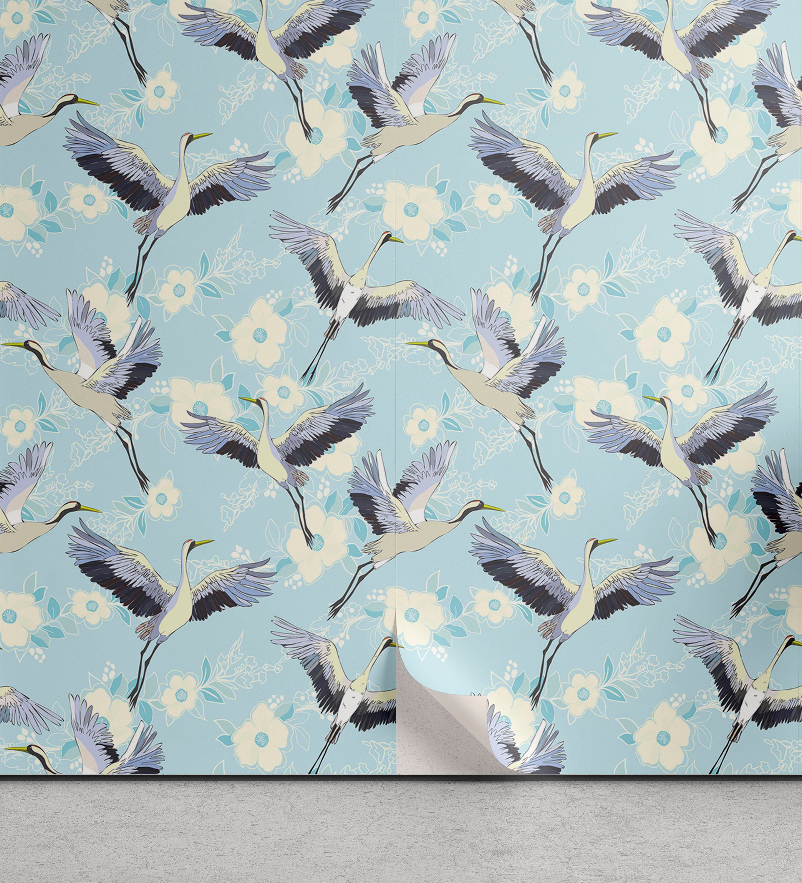 Abakuhaus Vinyltapete selbstklebendes Wohnzimmer Küchenakzent, Vogel Kontinuierliche Flug Crane Floral