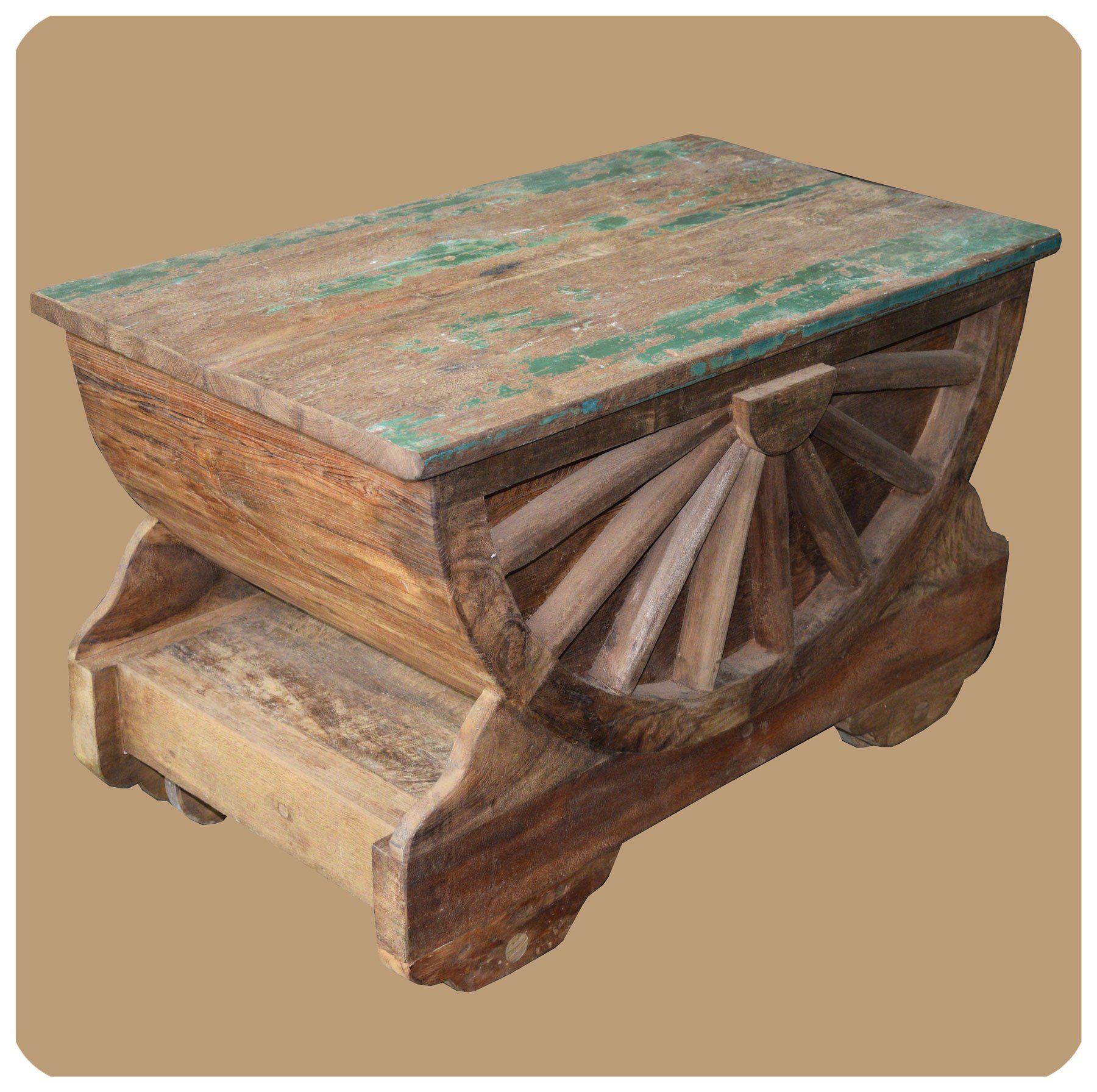 SIMANDRA Couchtisch Truhe Wagenrad (Einzelstück, 1 Truhe), Handarbeit, jedes Stück ein Unikat, Recycling Altteak-Holz