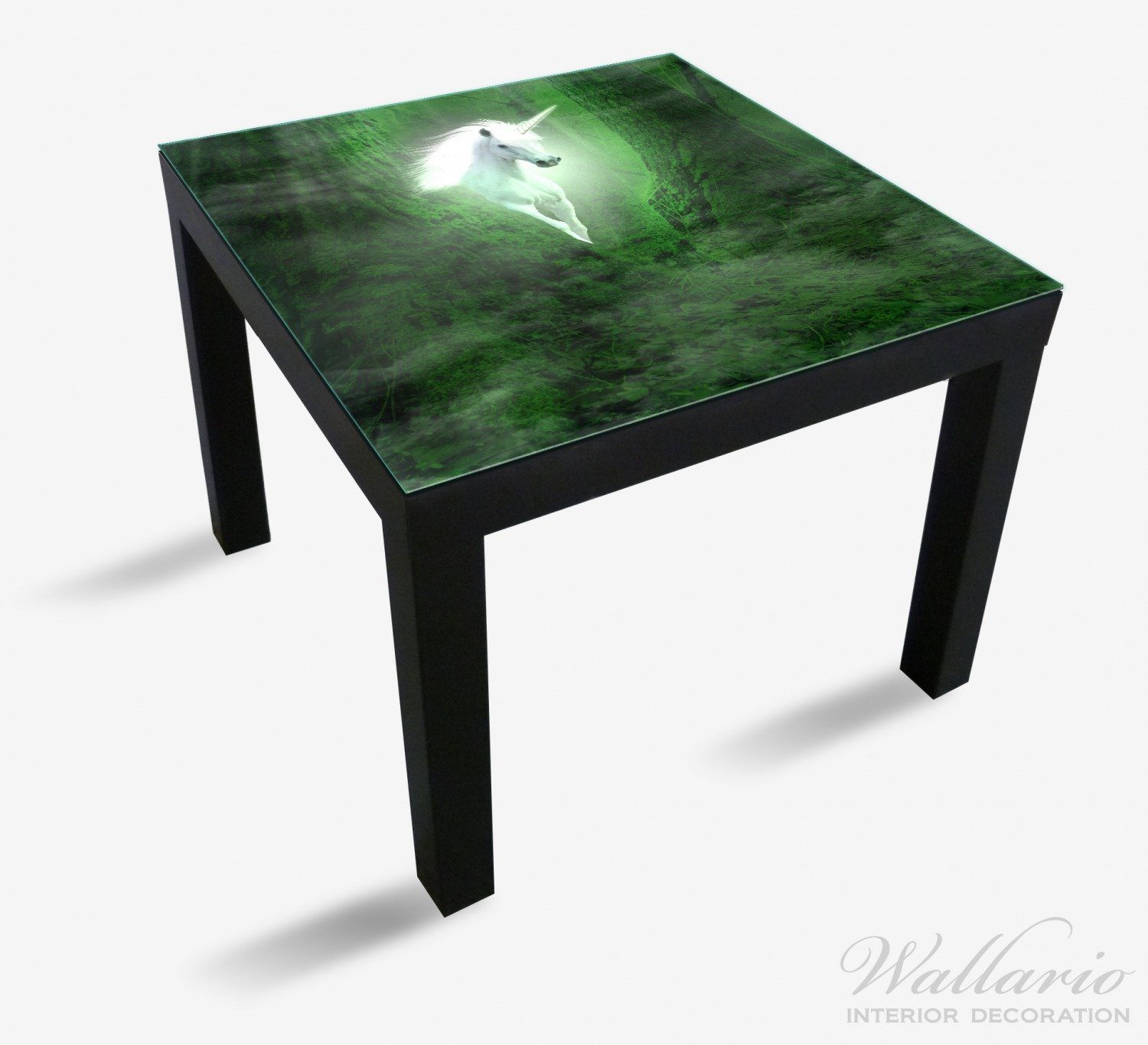 Wallario Tischplatte Weißes Einhorn im St), Lack geeignet für Wald Ikea Tisch grünen (1