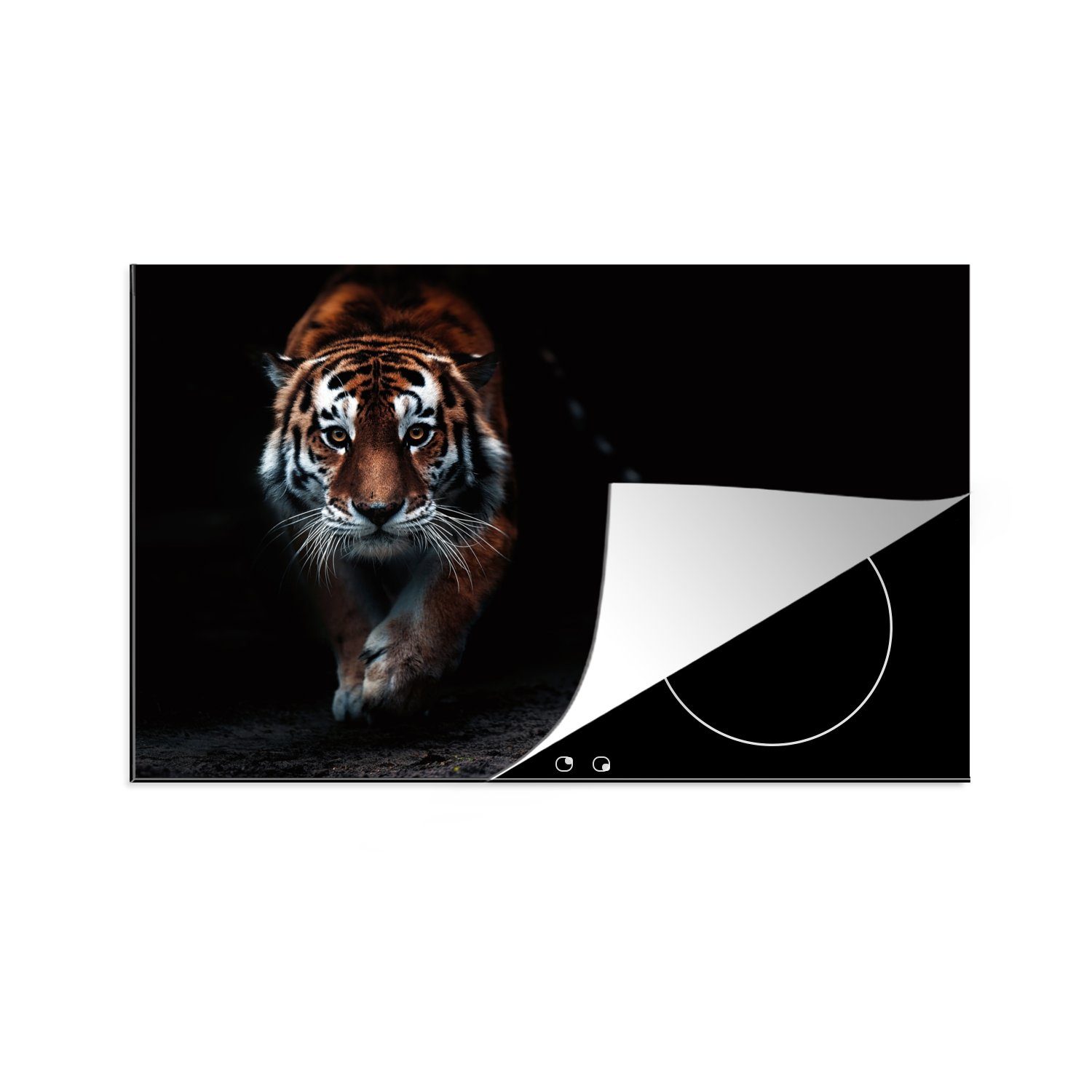 MuchoWow Herdblende-/Abdeckplatte Tiere - Tiger - Schwarz - Wild - Porträt, Vinyl, (1 tlg), 81x52 cm, Ceranfeldabdeckung, Arbeitsplatte für küche