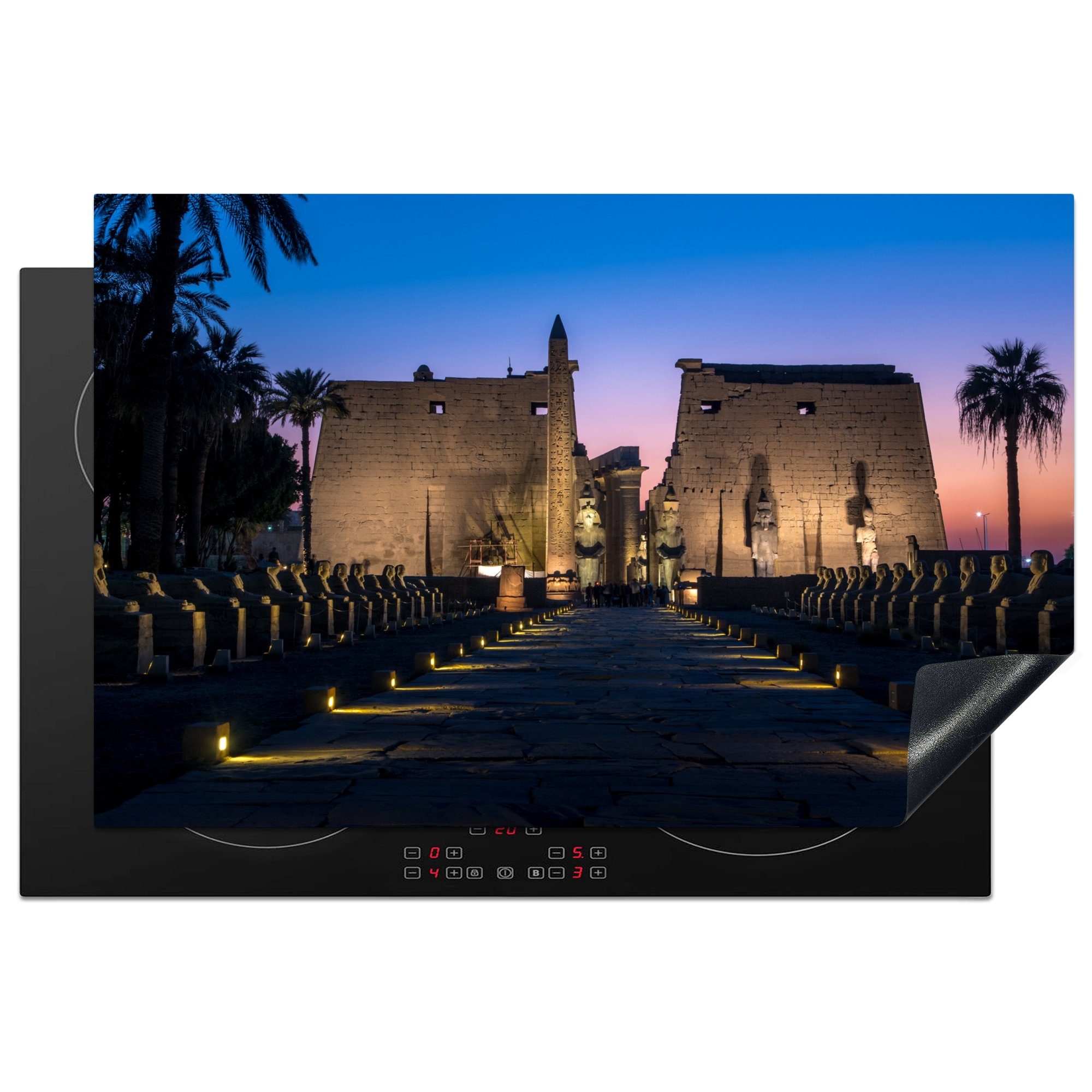 MuchoWow Herdblende-/Abdeckplatte Frontansicht eines schönen Tempels in Luxor, Vinyl, (1 tlg), 81x52 cm, Induktionskochfeld Schutz für die küche, Ceranfeldabdeckung