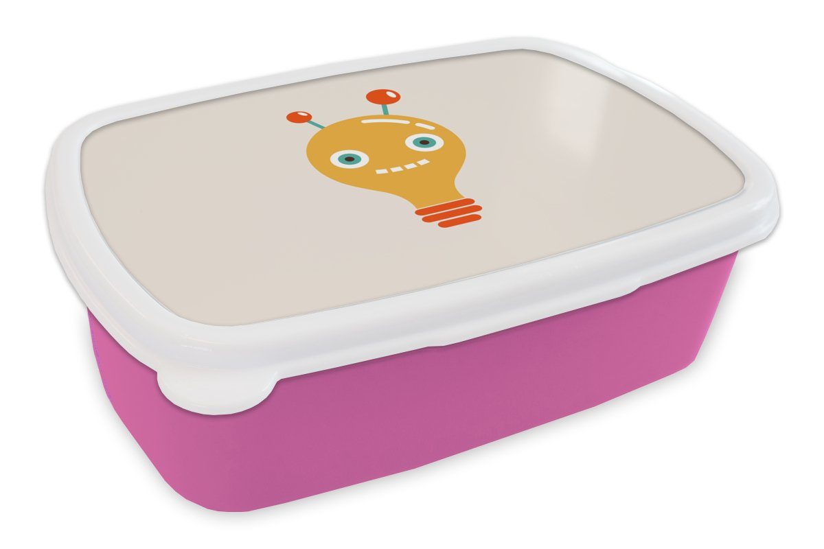 Glühbirne Roboter Kunststoff, - Brotbox Brotdose Mädchen, Erwachsene, - (2-tlg), Antenne für Gesicht - - Lunchbox rosa Kunststoff Kinder, MuchoWow Snackbox, Kinder,