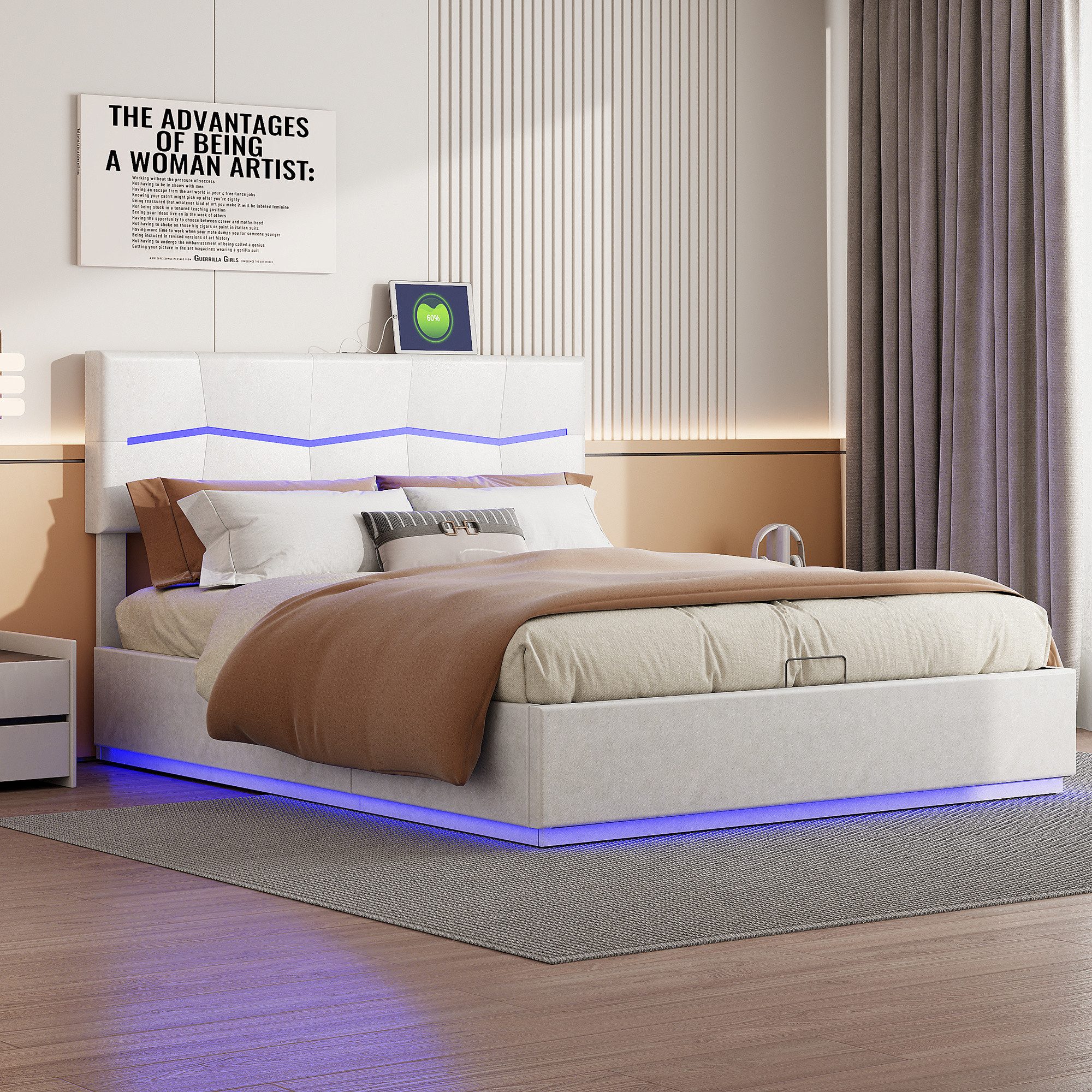 Furnishings Home Polsterbett PU hydraulisches Doppelbett mit Stauraum + LED günstig online kaufen
