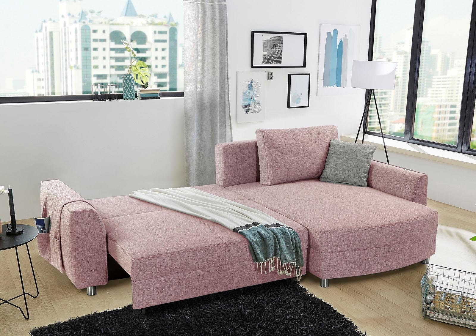 Bettfunktion oder Jockenhöfer Ecksofa links mit rechts rosa Bettkasten, Gruppe mane Trevi, montierbar und