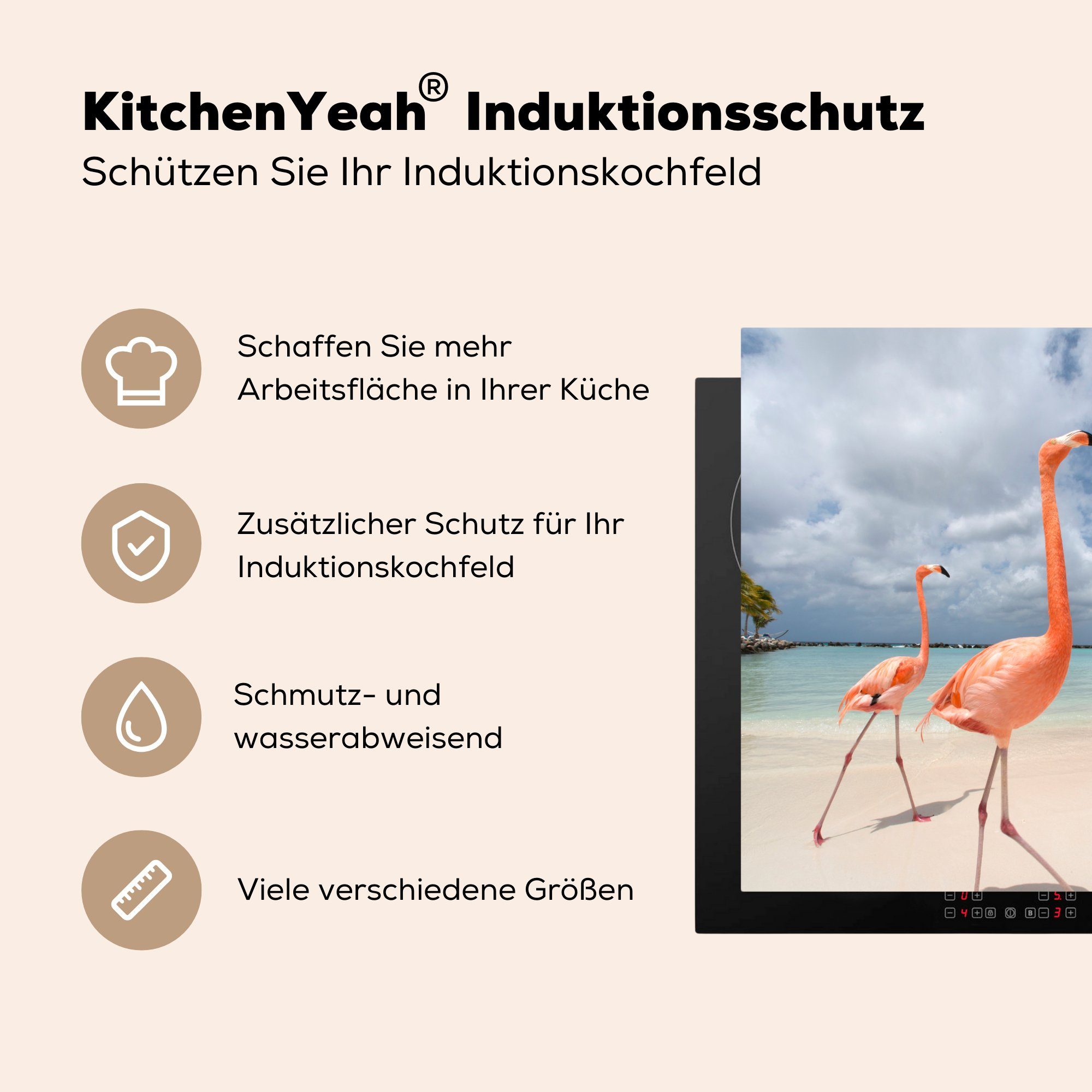 Flamingos 78x78 für MuchoWow cm, am küche Strand, (1 spazieren tlg), Arbeitsplatte stolze Herdblende-/Abdeckplatte Zwei Ceranfeldabdeckung, Vinyl,