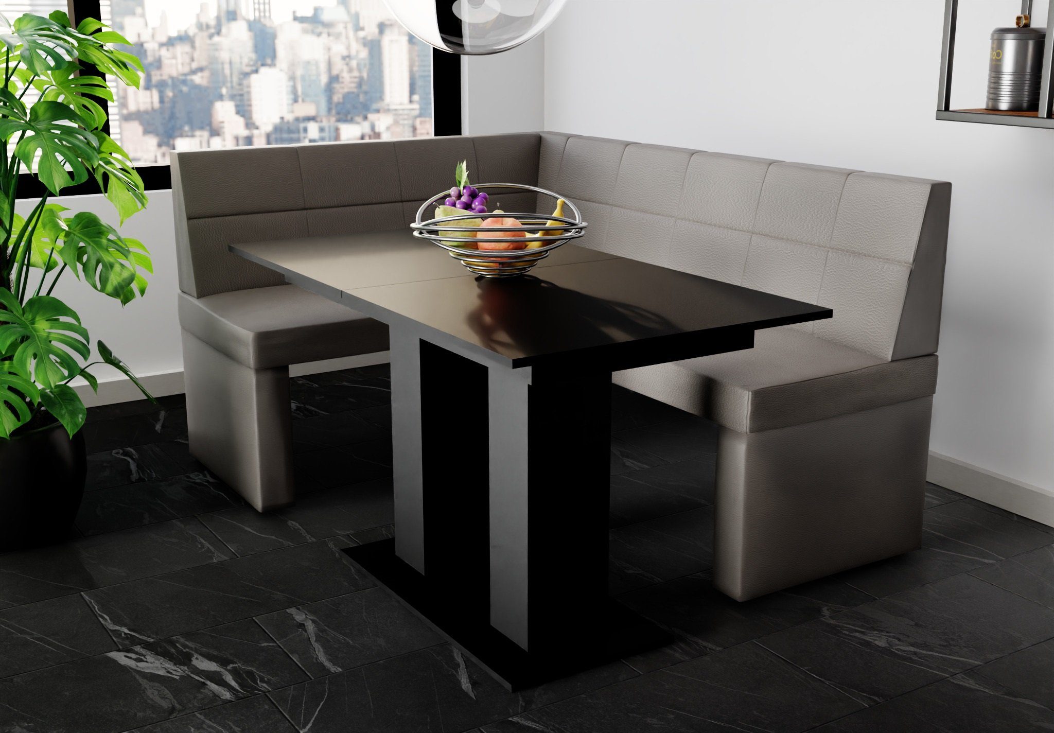 Möbel Eckbankgruppe „BLAKE“ Tisch ausziehbarer mit Schwarz, Eckbankgruppe Größe Tisch 168x128cm Fun