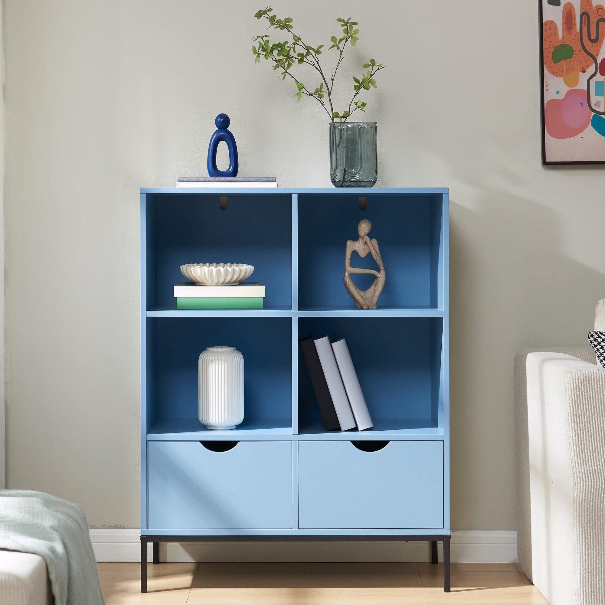 en.casa Bücherregal, »Colwyn« mit 2 Schubladen 105 x 80 x 40 cm Blau