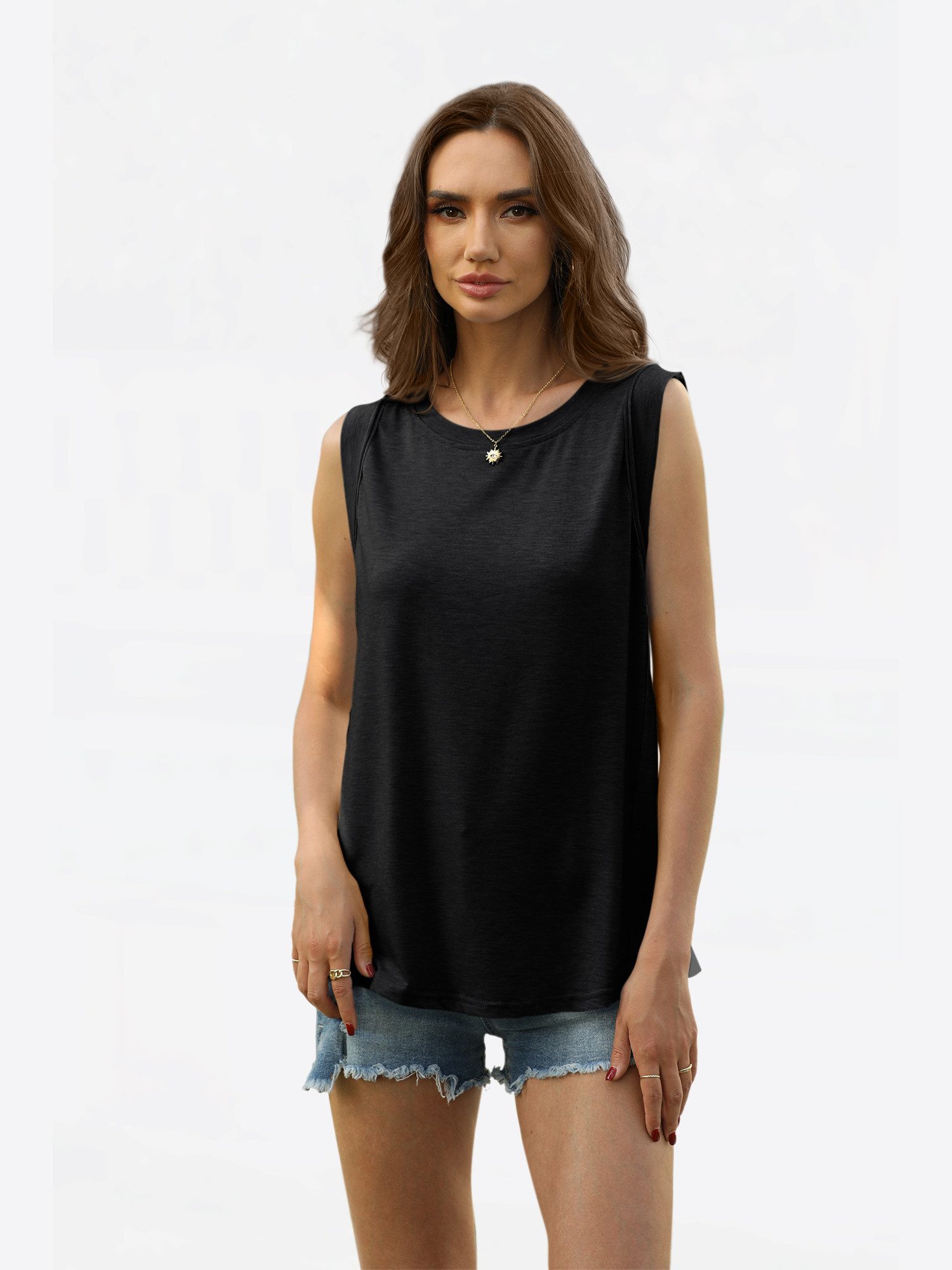 Imily Bela Tanktop Damen ärmellos Rundhals Basic Oberteil (Packung, 1-tlg., 1per-Pack) mit Rundhalsausschnitt in Unifarbe