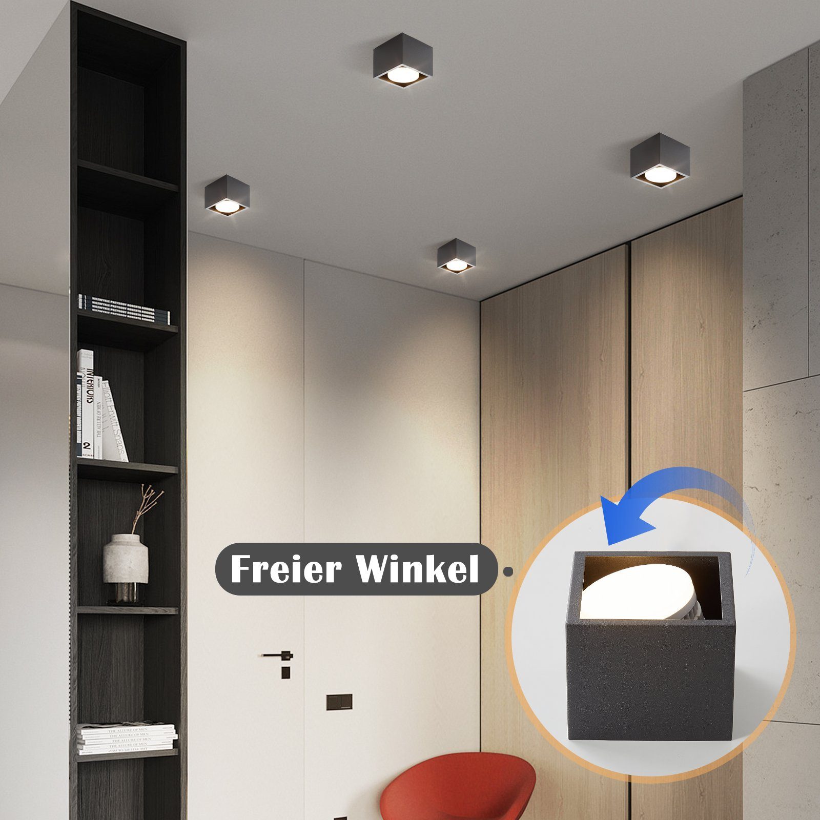 GX53 Eckig integriert, Schwarz, 1Flammig Aufbauleuchte Spots - fest Schwenkbar, Deckenspots Deckenstrahler LED Deckenleuchte Warmweiß Küche Modern ZMH LED 3000k, für