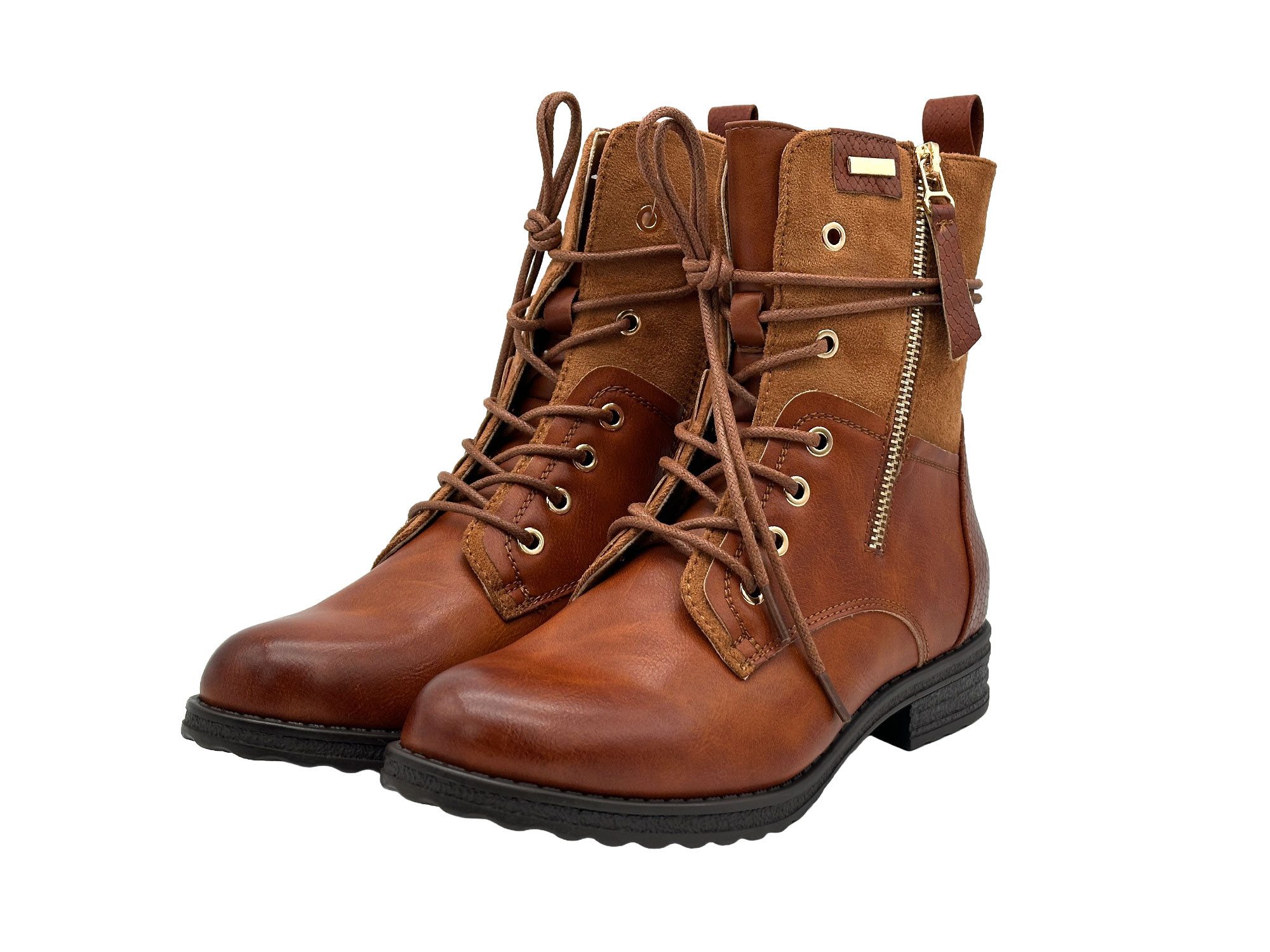 Nowaland Casual Damen Boots mit Warmfutter und Reißverschluss Stiefelette Dekorative Schnürung und kuscheliges Warmfutter